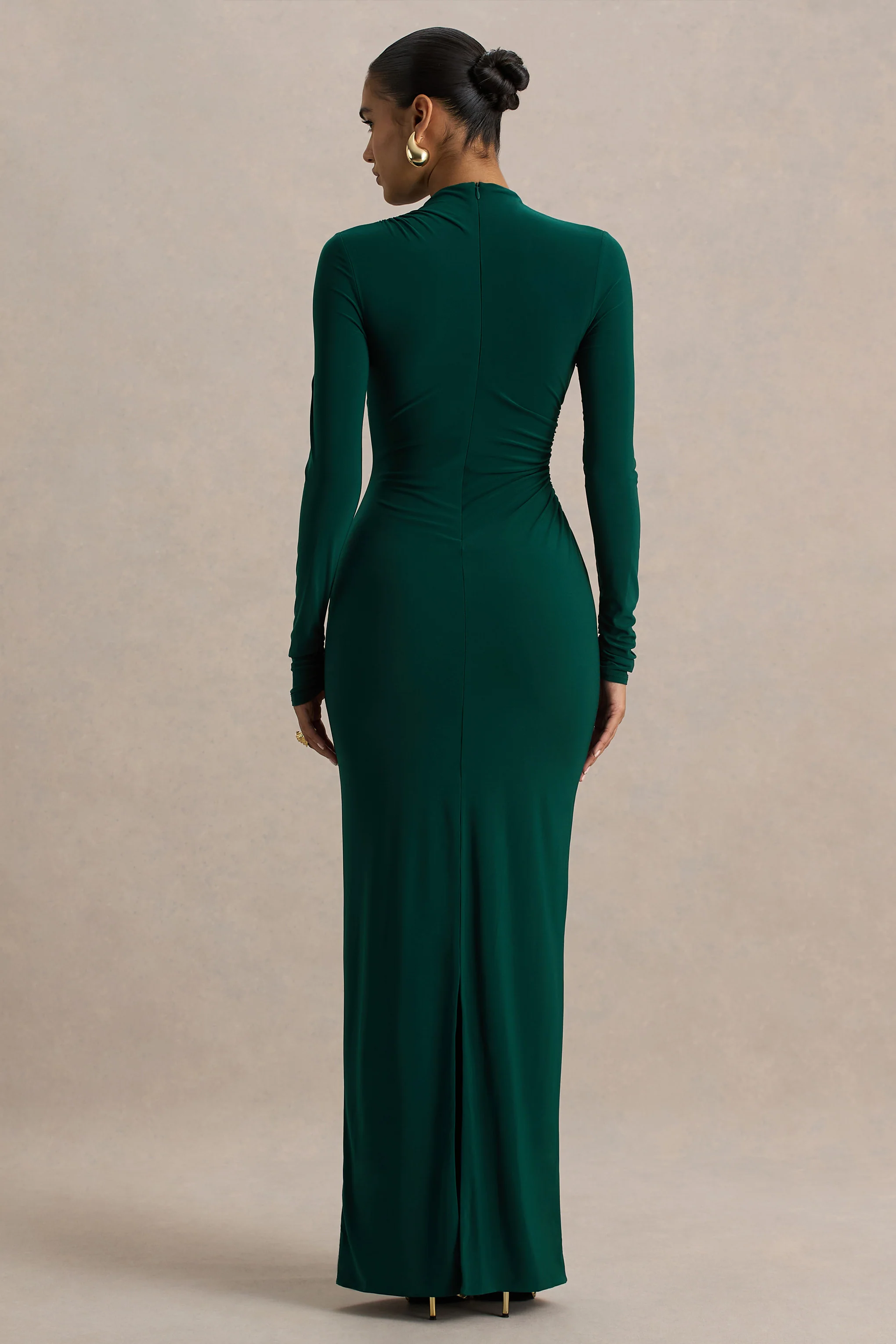 Eden |  Bottle Green High-Neck Maxi Dress With Ruched Detailing