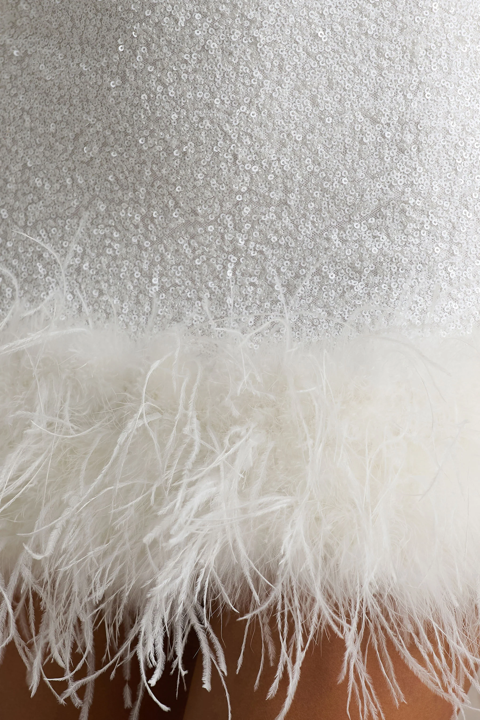 Rosalinda | White Sequin Square-Neck Mini Dress With Feather Trim