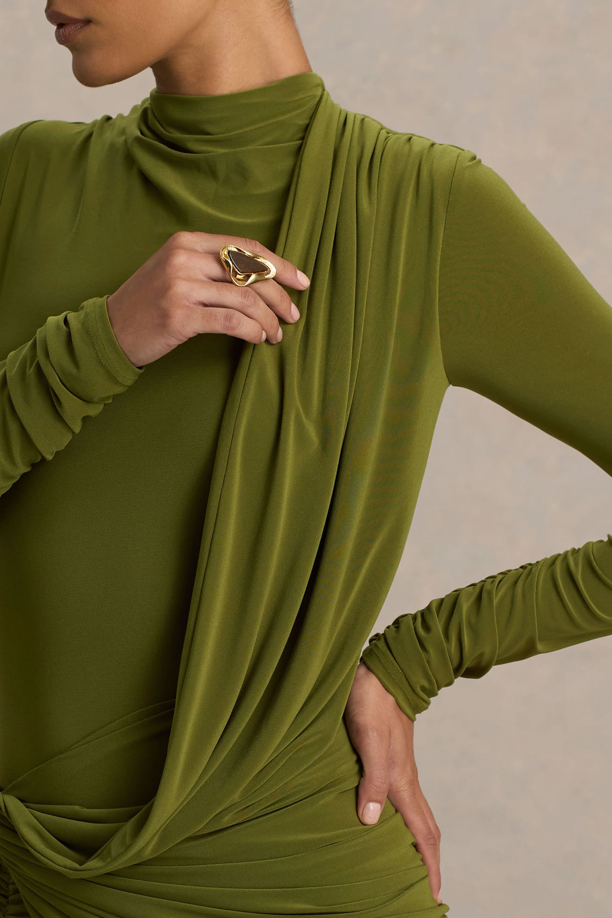 Melissa | Olive Long-Sleeve Wrap Maxi Dress With Ruched Detailing