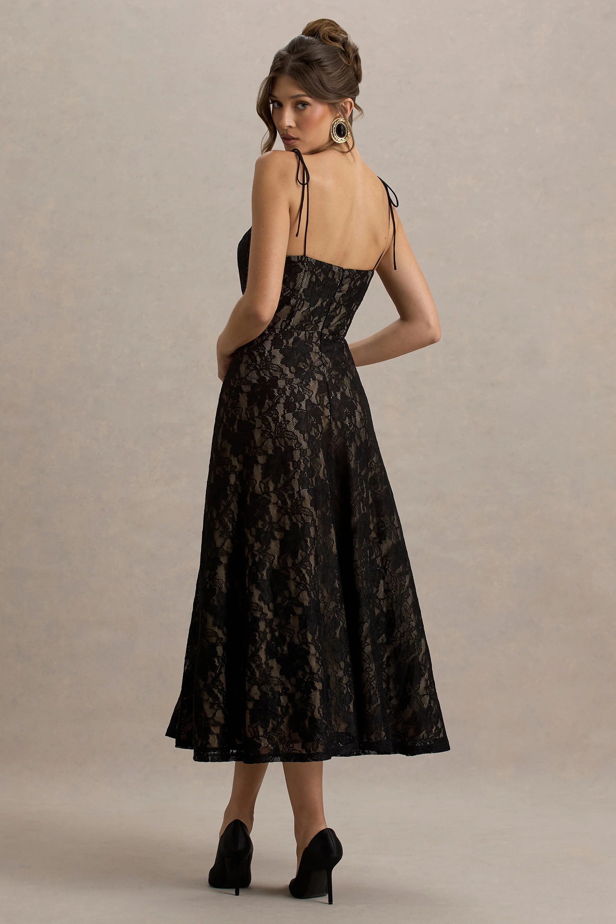 Sheridan | Black Lace Sweetheart Midi Dress With Backless Detail