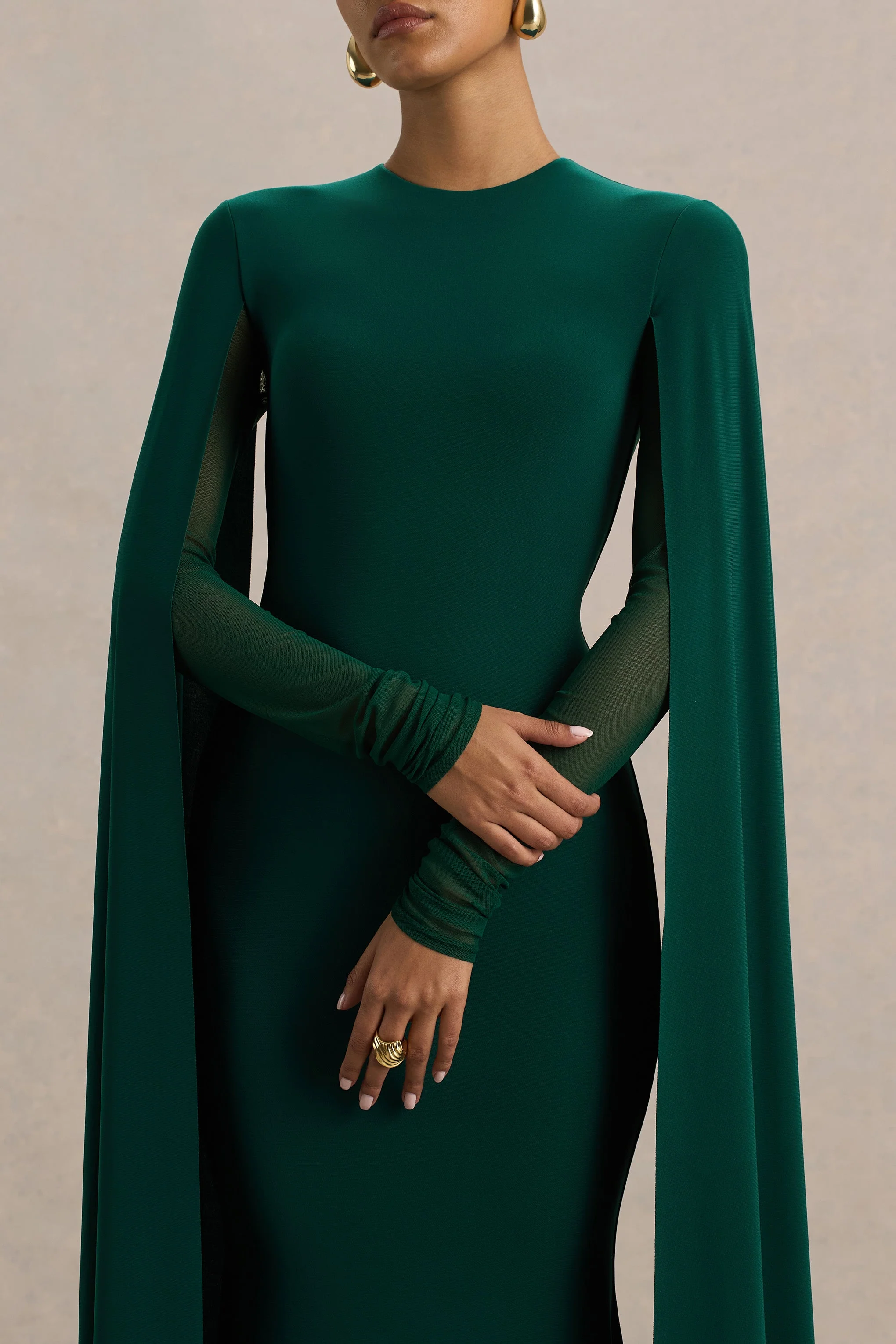 Isla | Bottle Green Crew-Neck Maxi Dress With Cape Sleeve