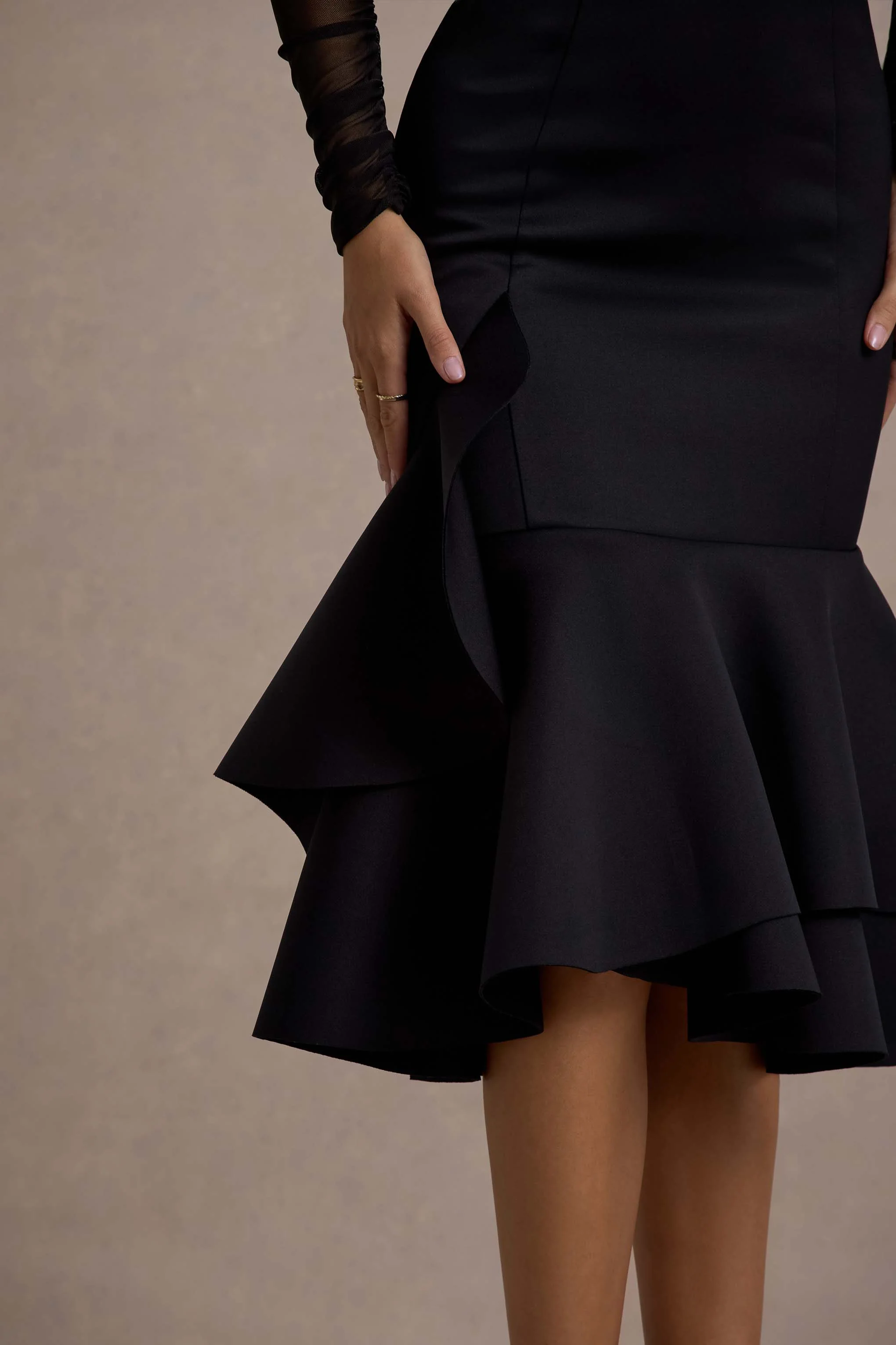 Sander | Black Mesh Long-Sleeve Ruffle-Hem Midi Dress