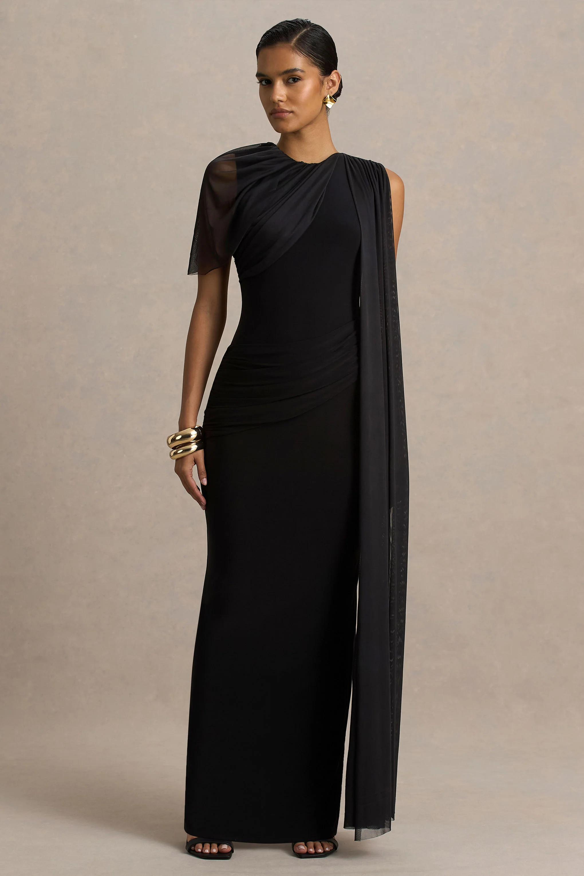 Brenda | Black Maxi Dress Mesh Cape And Sash