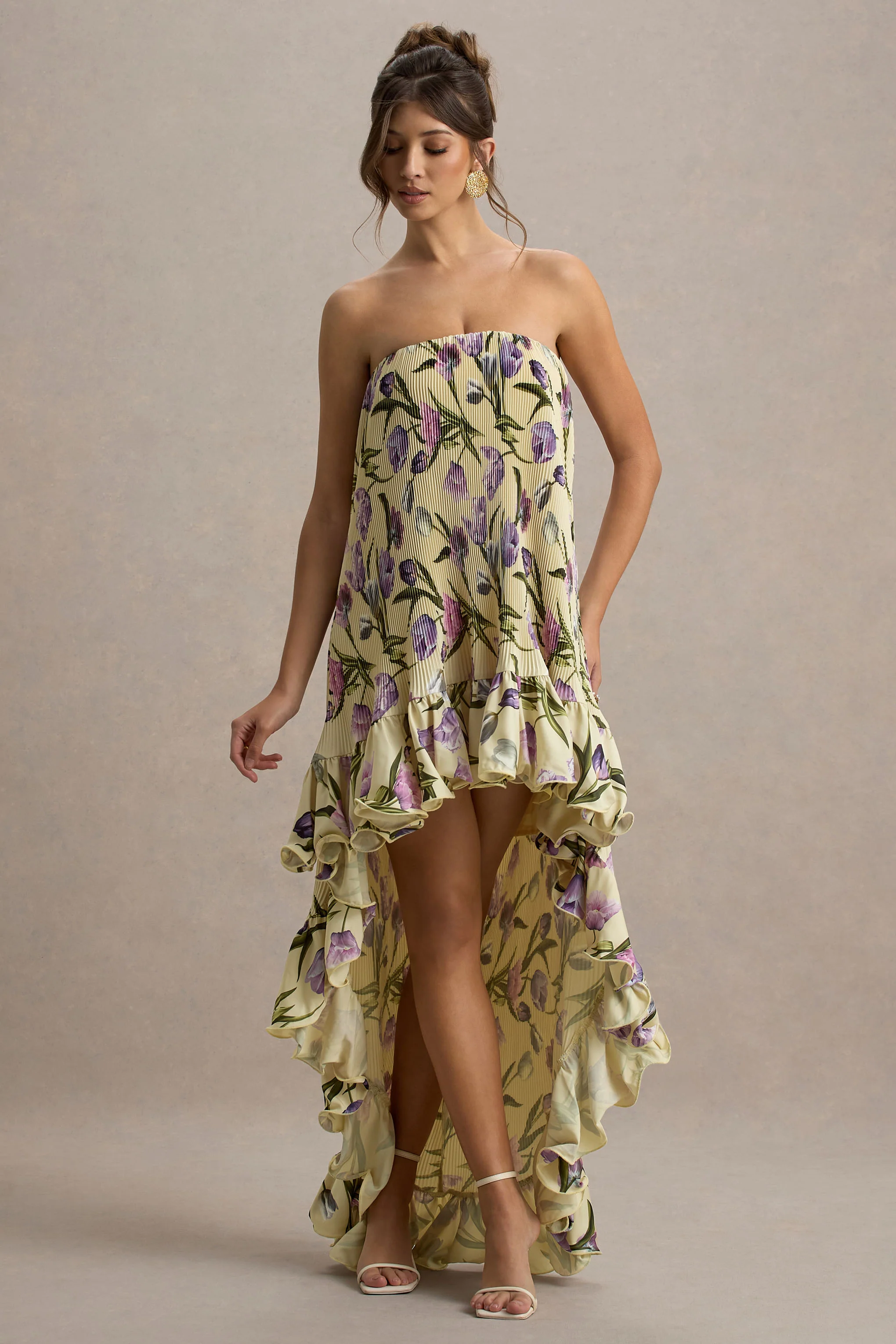 Whistler | Tulip Floral Print Chiffon Bandeau High-Low Ruffled Maxi Dress