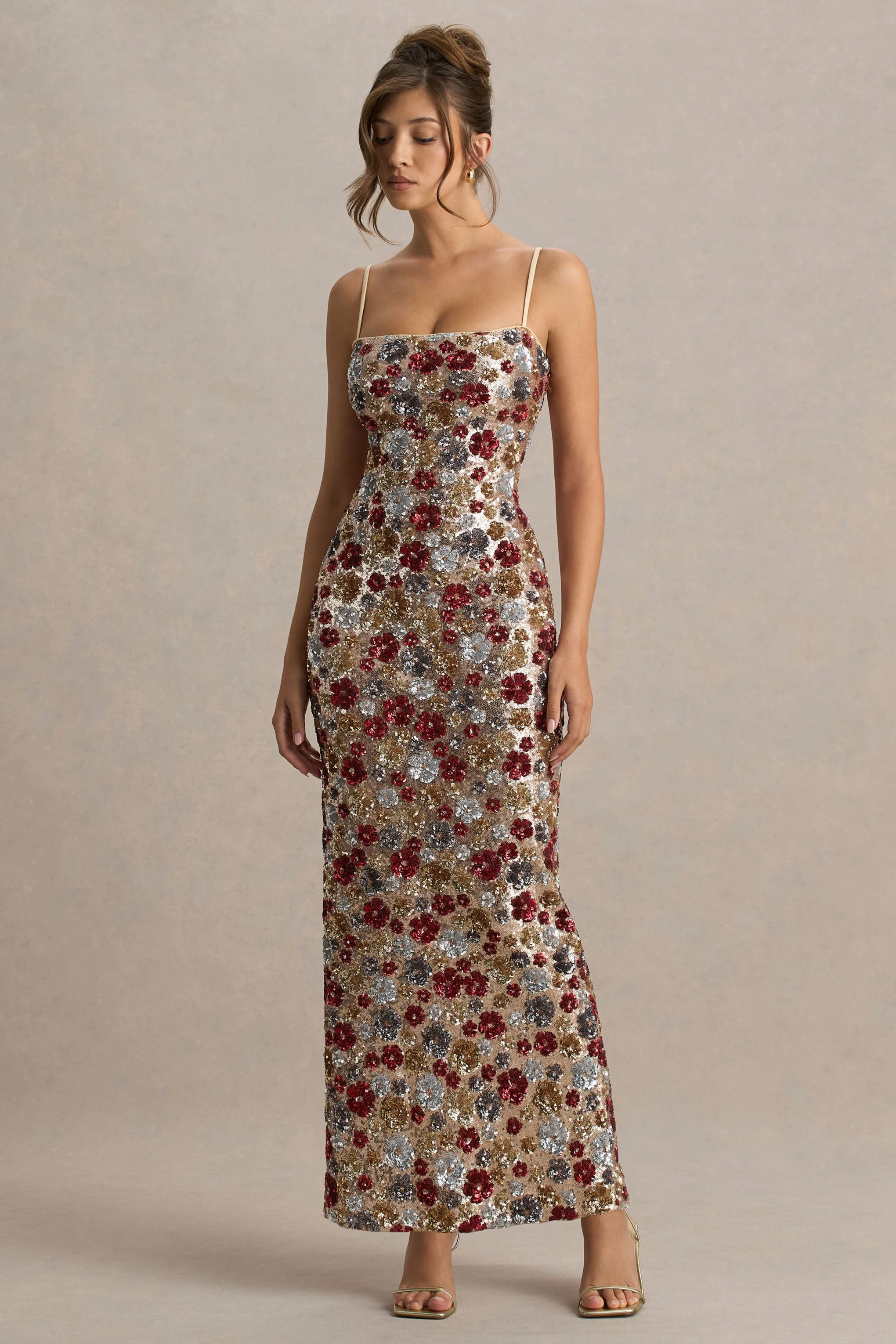 Vitora | Red Floral Sequin Square-Neck Maxi Dress