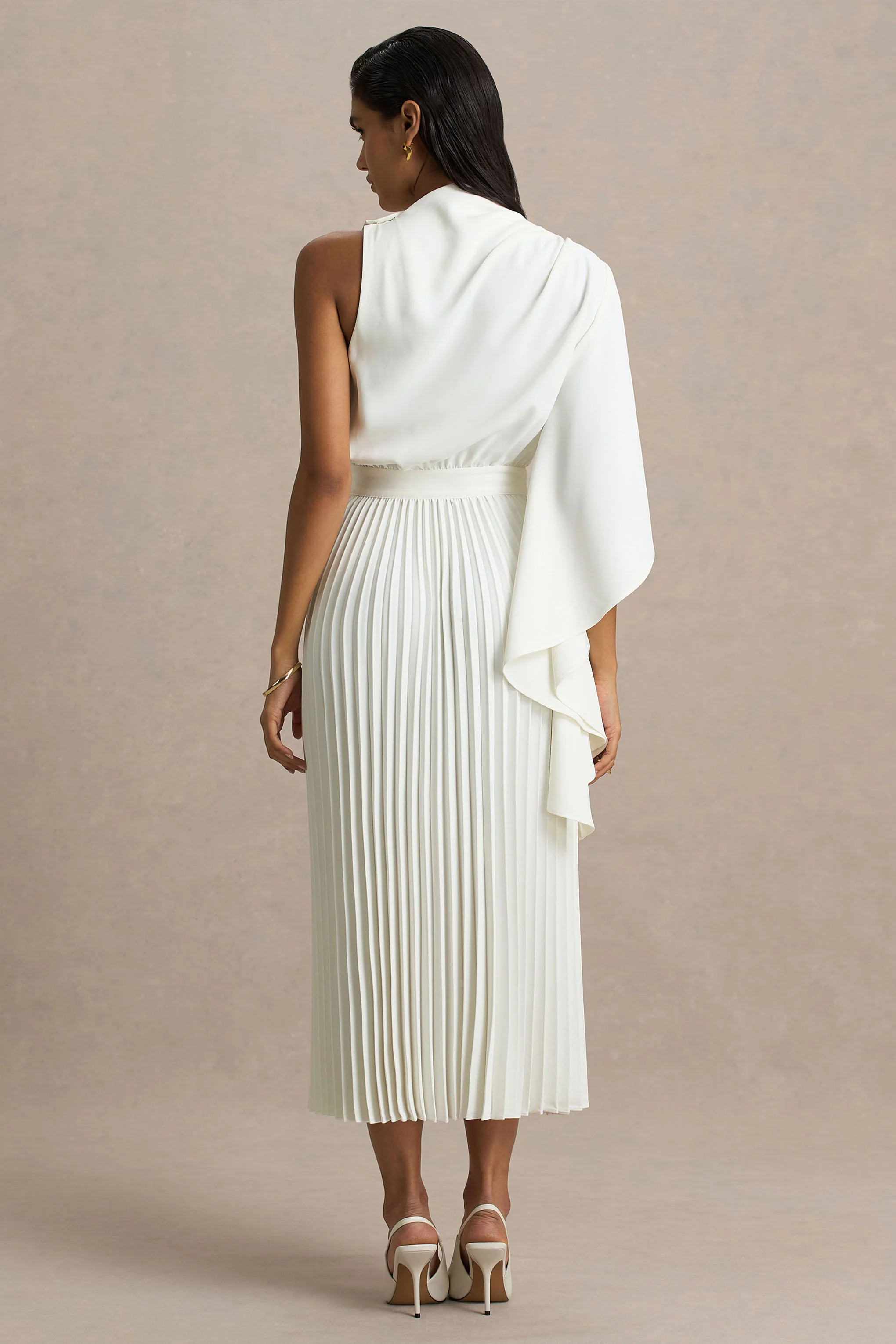 Jimena | Cream High-Neck Midi Dress With One-Long Sleeve And Pleated Detailing