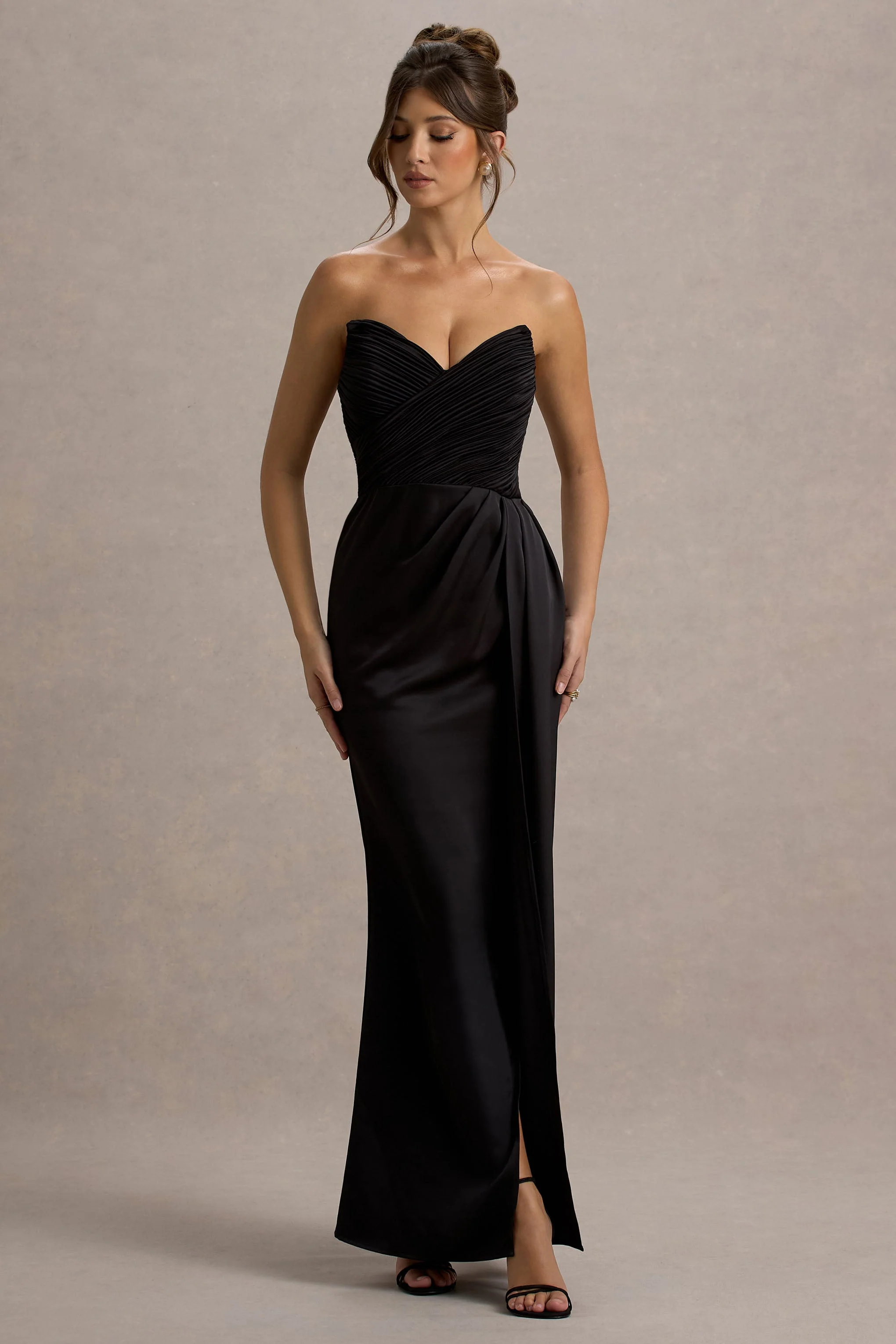 Edel | Black Satin Strapless Maxi Dress With Drape