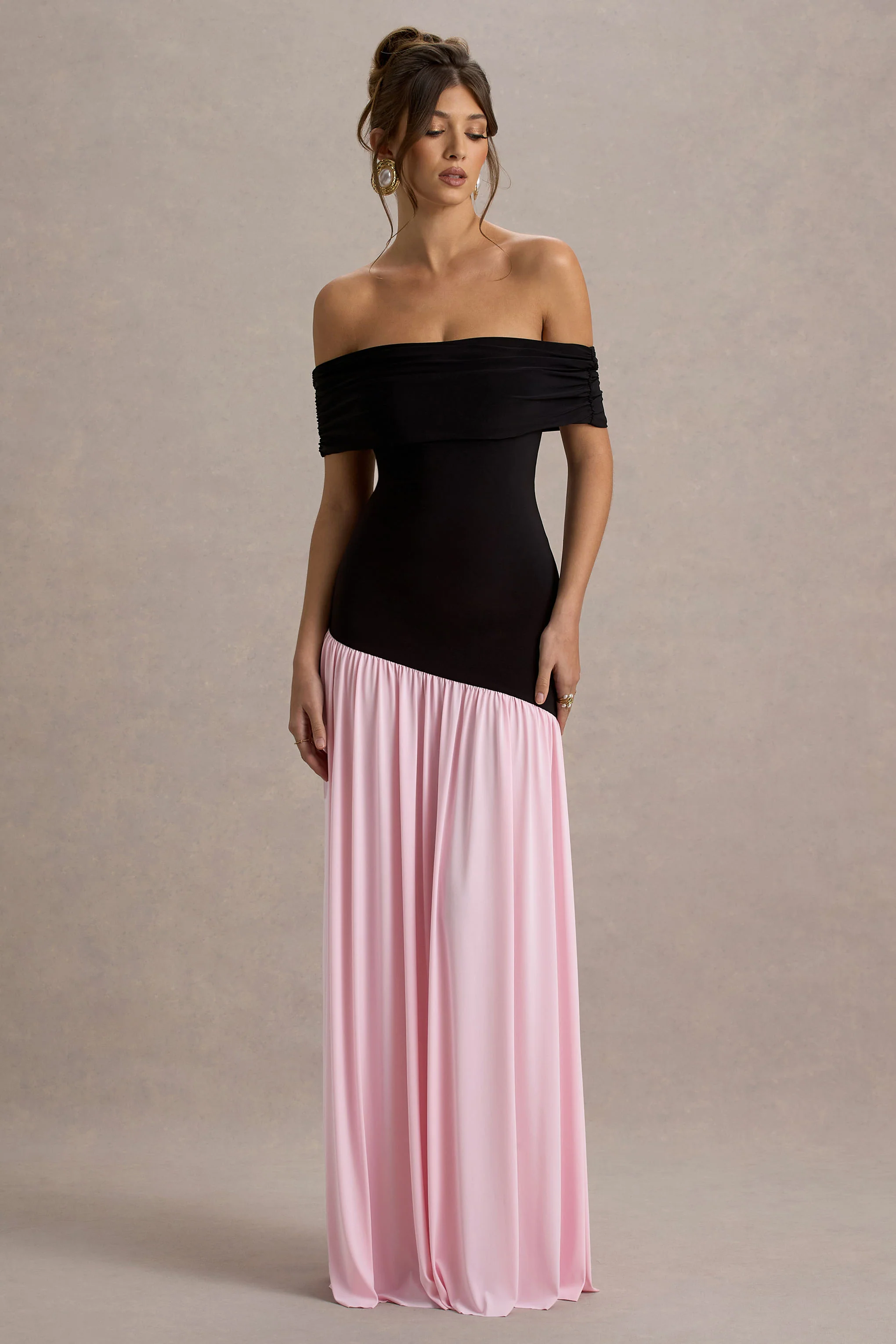 Venezia | Black & Pink Bardot Puff-Skirt Maxi Dress