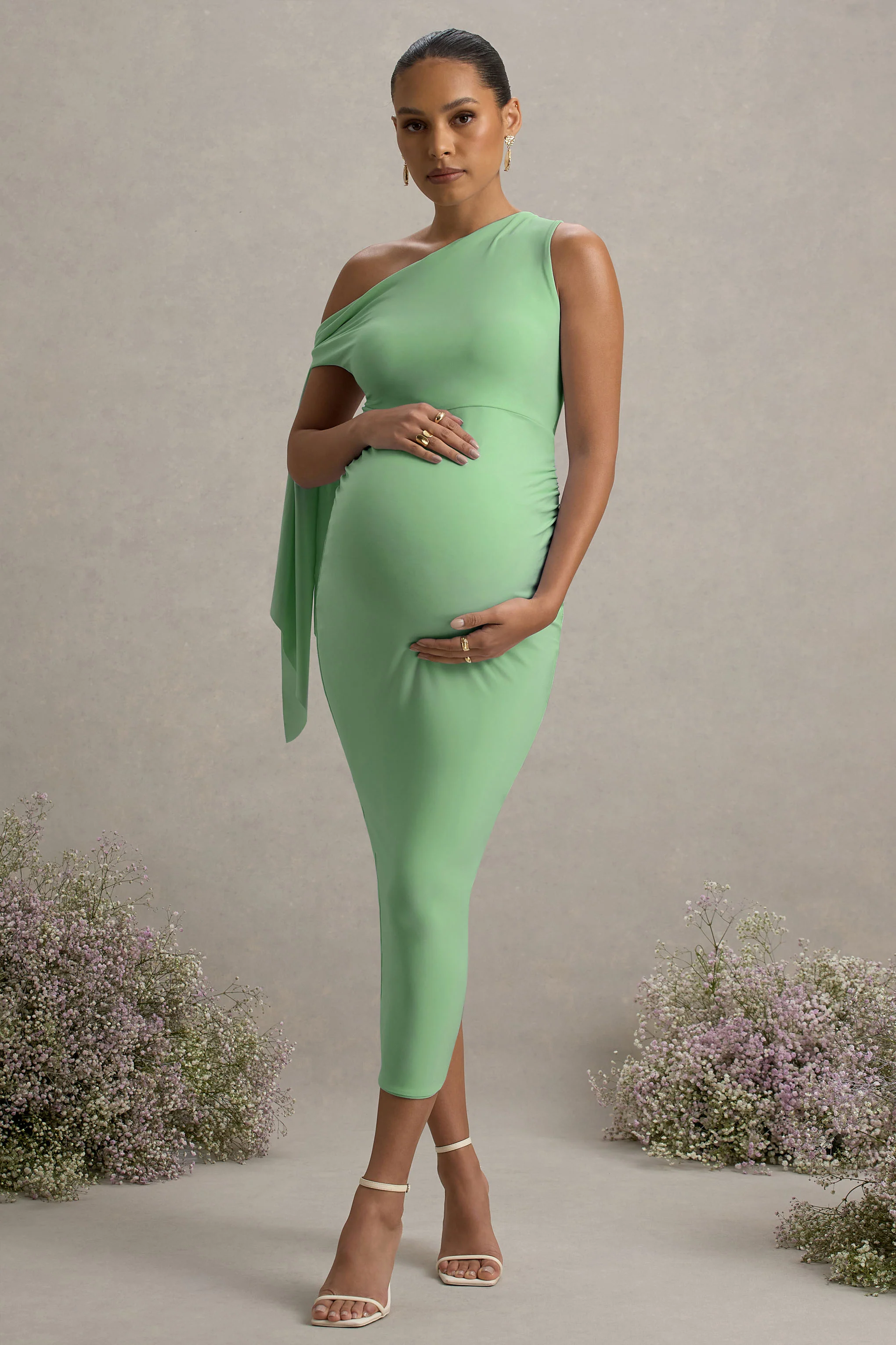 Katarine | Light Green Asymmetric Knot Maternity Midi Dress