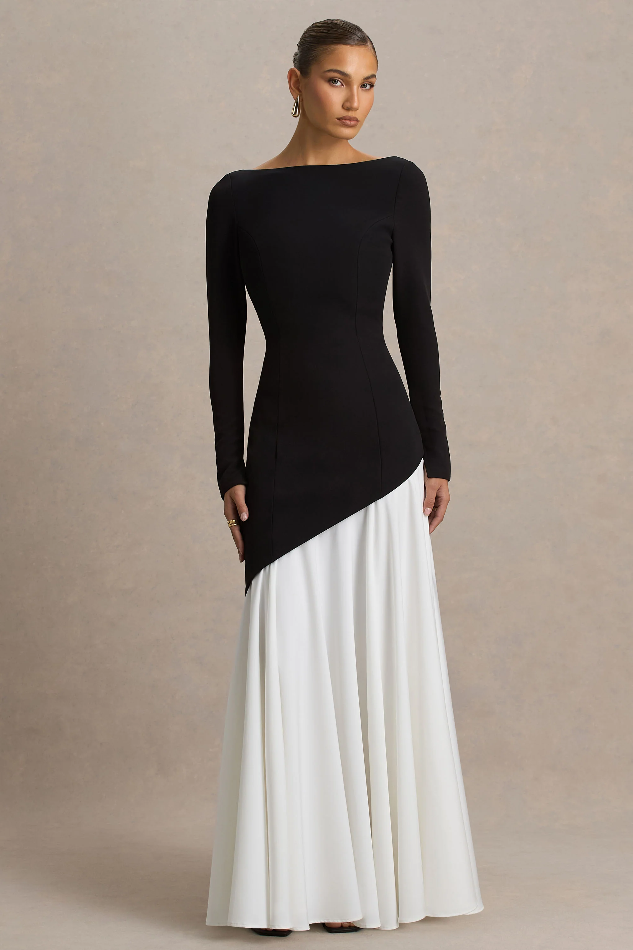 Caty | Black And White Long-Sleeved Maxi Dress With Drop-Waist And Ruffled Detailing