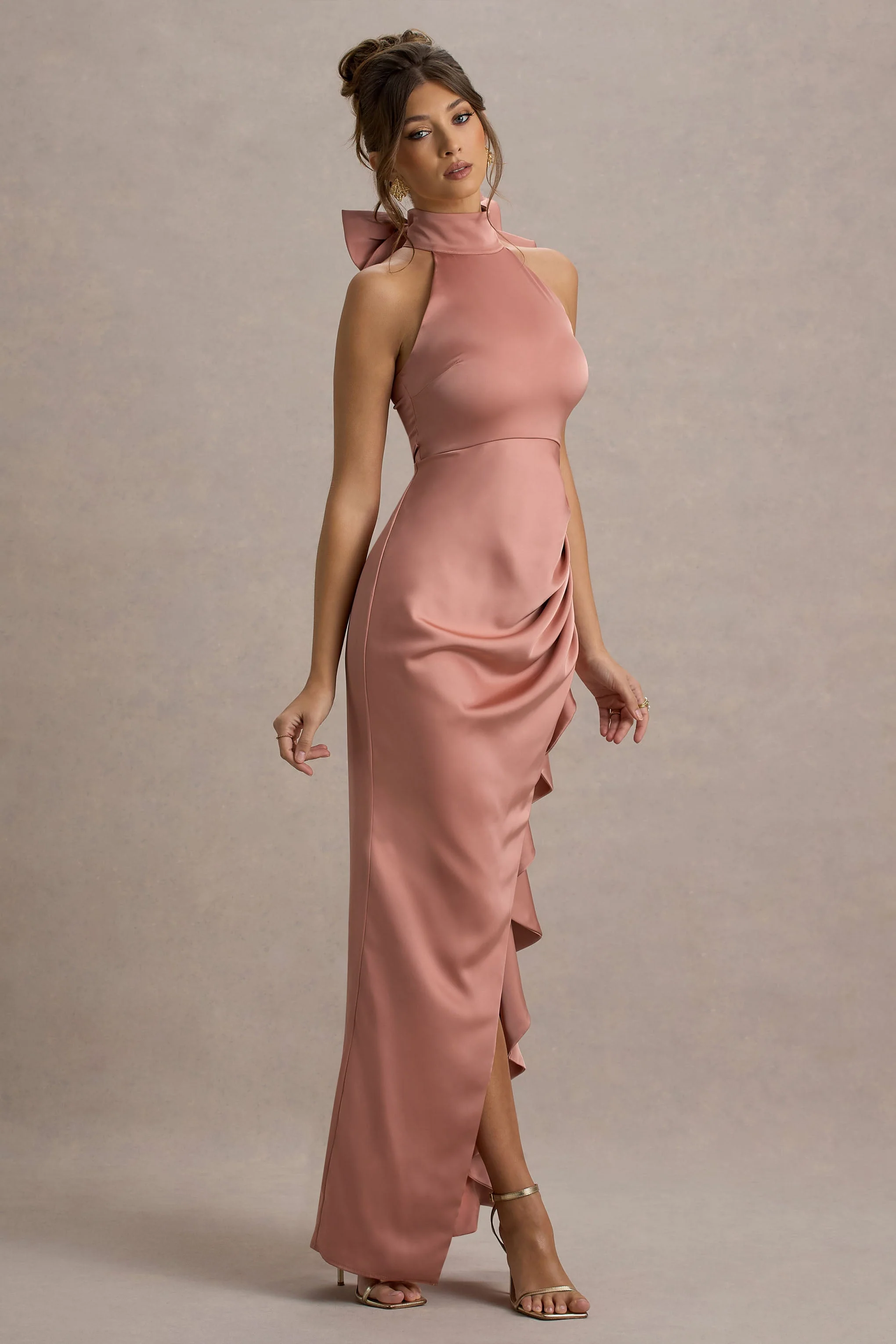 Maureen | Pink Satin High-Neck Draped Maxi Dress