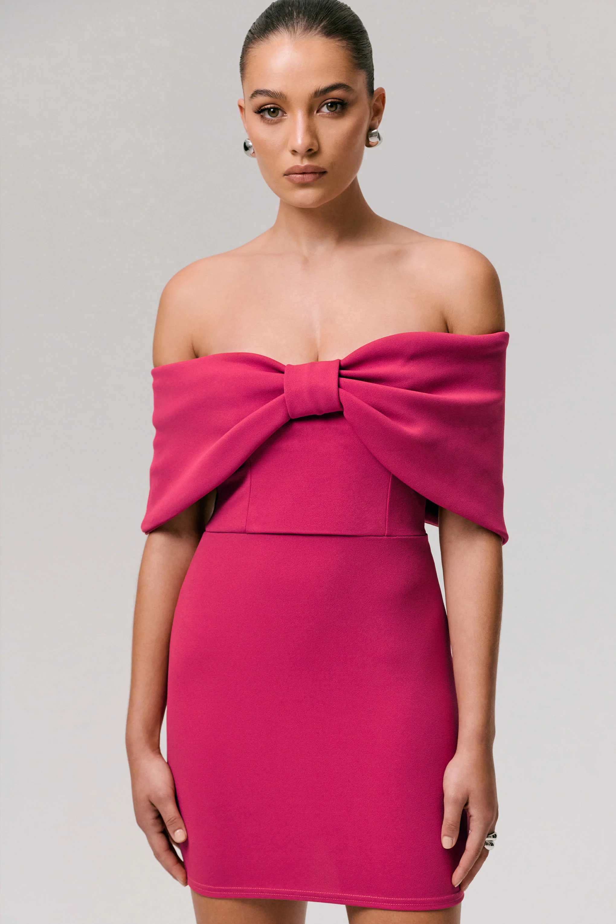 Sadie | Hot Pink Bow Bardot Mini Dress