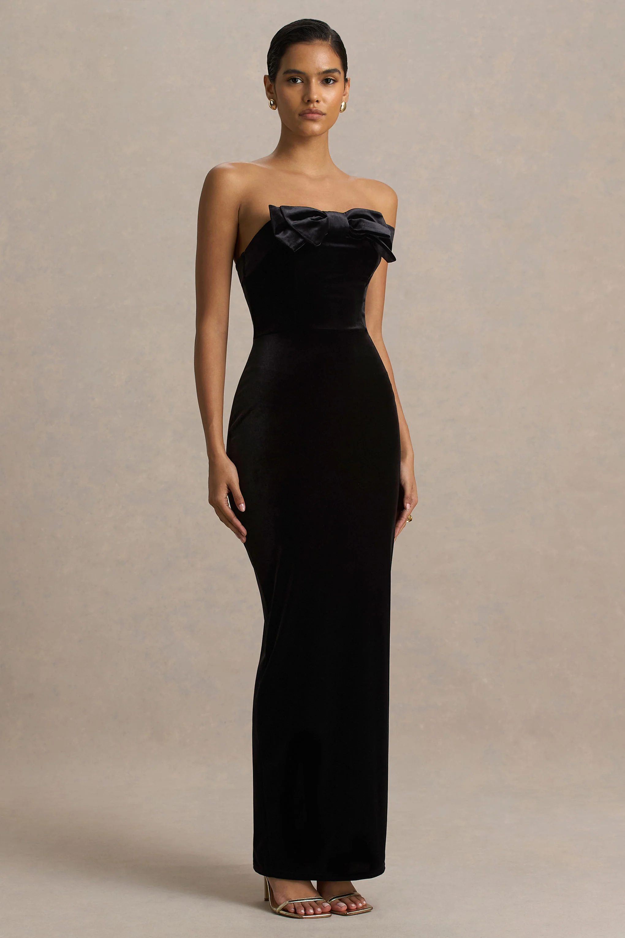 Illusion | Black Velvet Bandeau Maxi Dress With Bow Detail