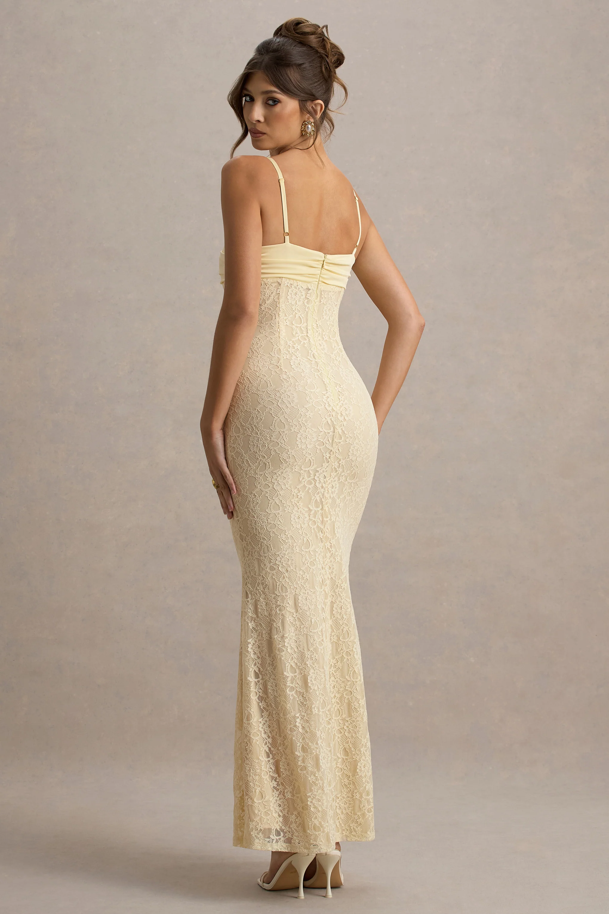 Felicia | Pale Lemon Satin Sweetheart Maxi Dress With Lace Details