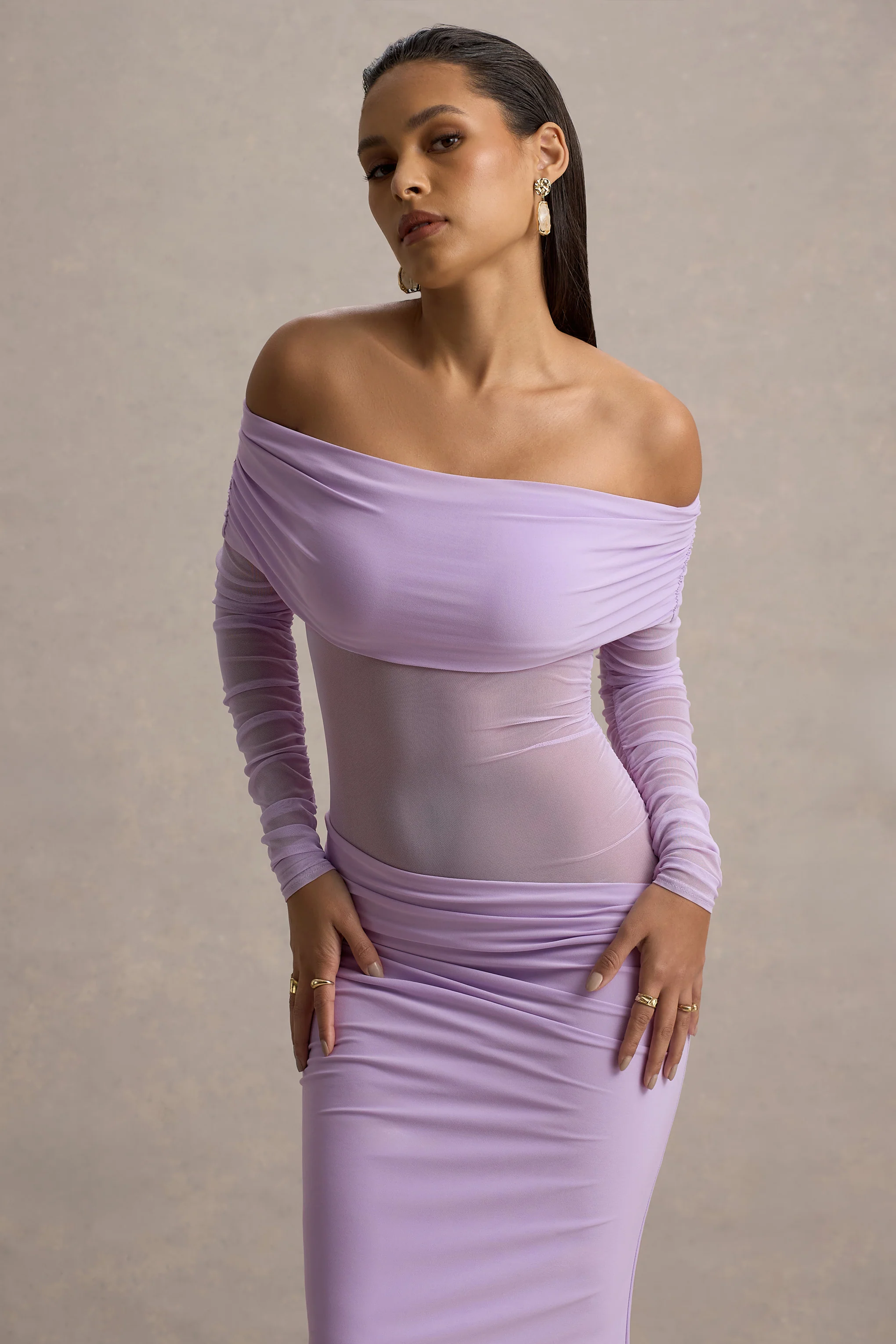 Belamour | Lavender Semi-Sheer Bardot Gathered Maxi Dress
