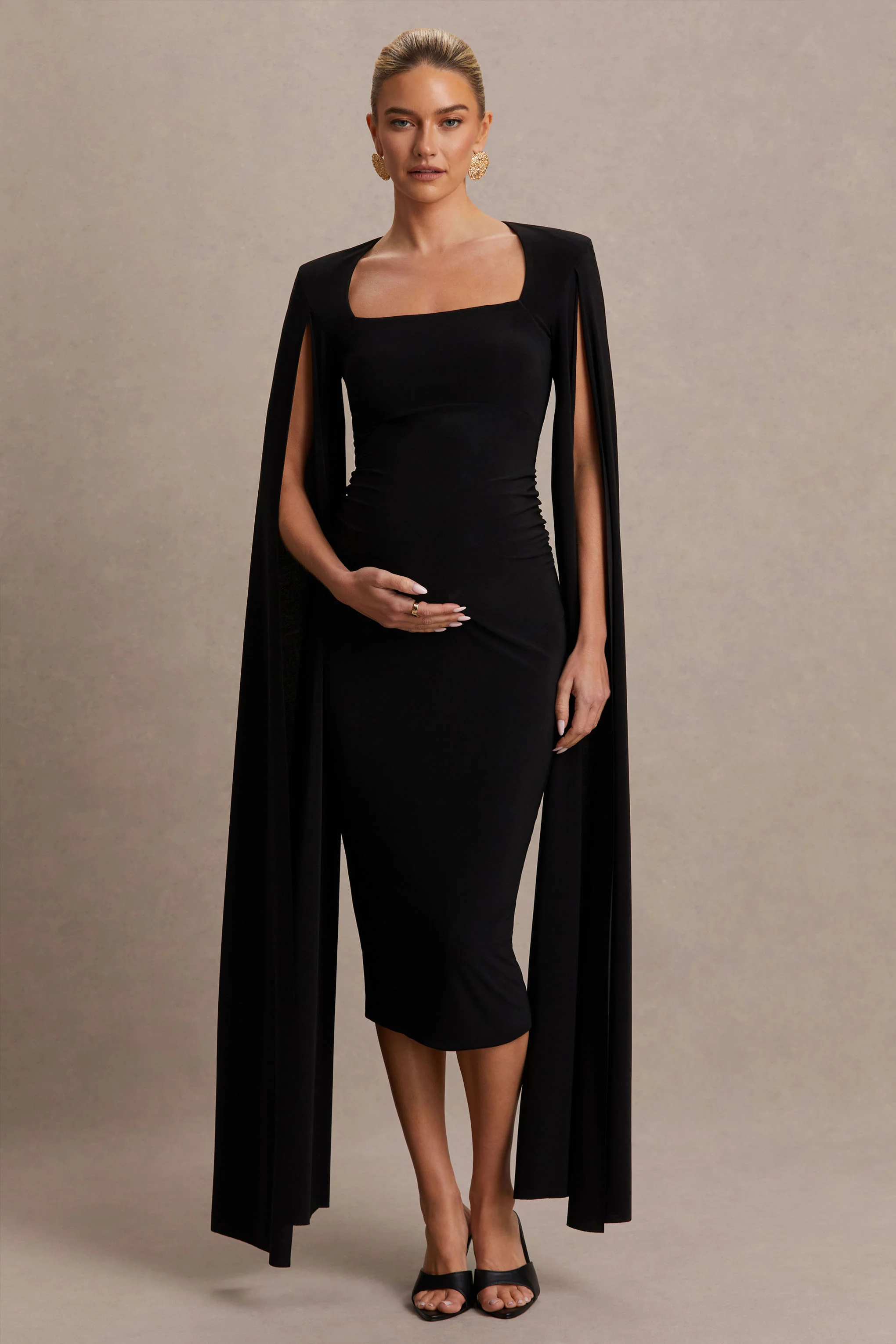 Flawless | Black Square-Neck Maternity Midi Dress With Cape-Sleeves