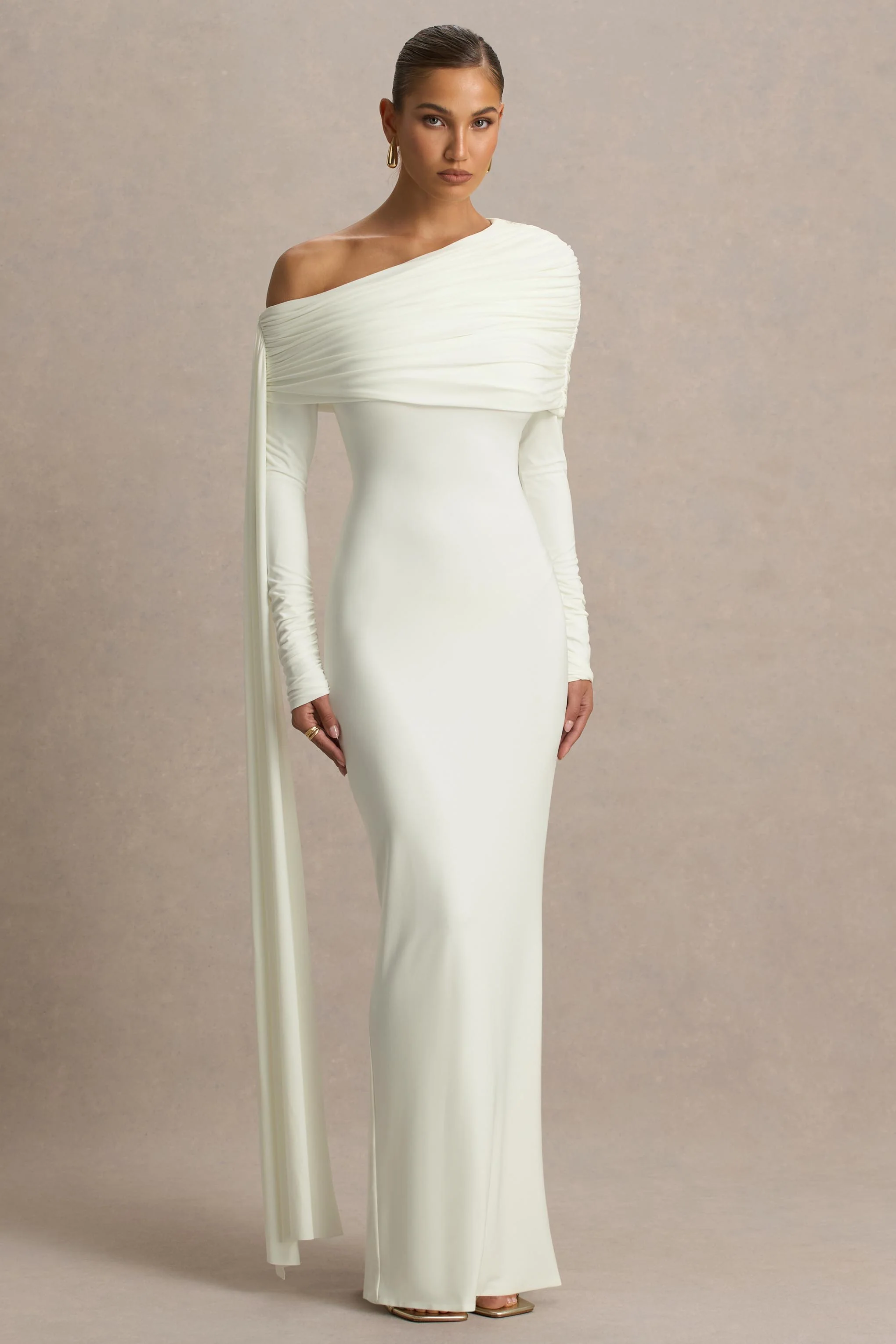 Octavia | Cream Bardot-Neck Maxi Dress With Sash And Ruched Detailing
