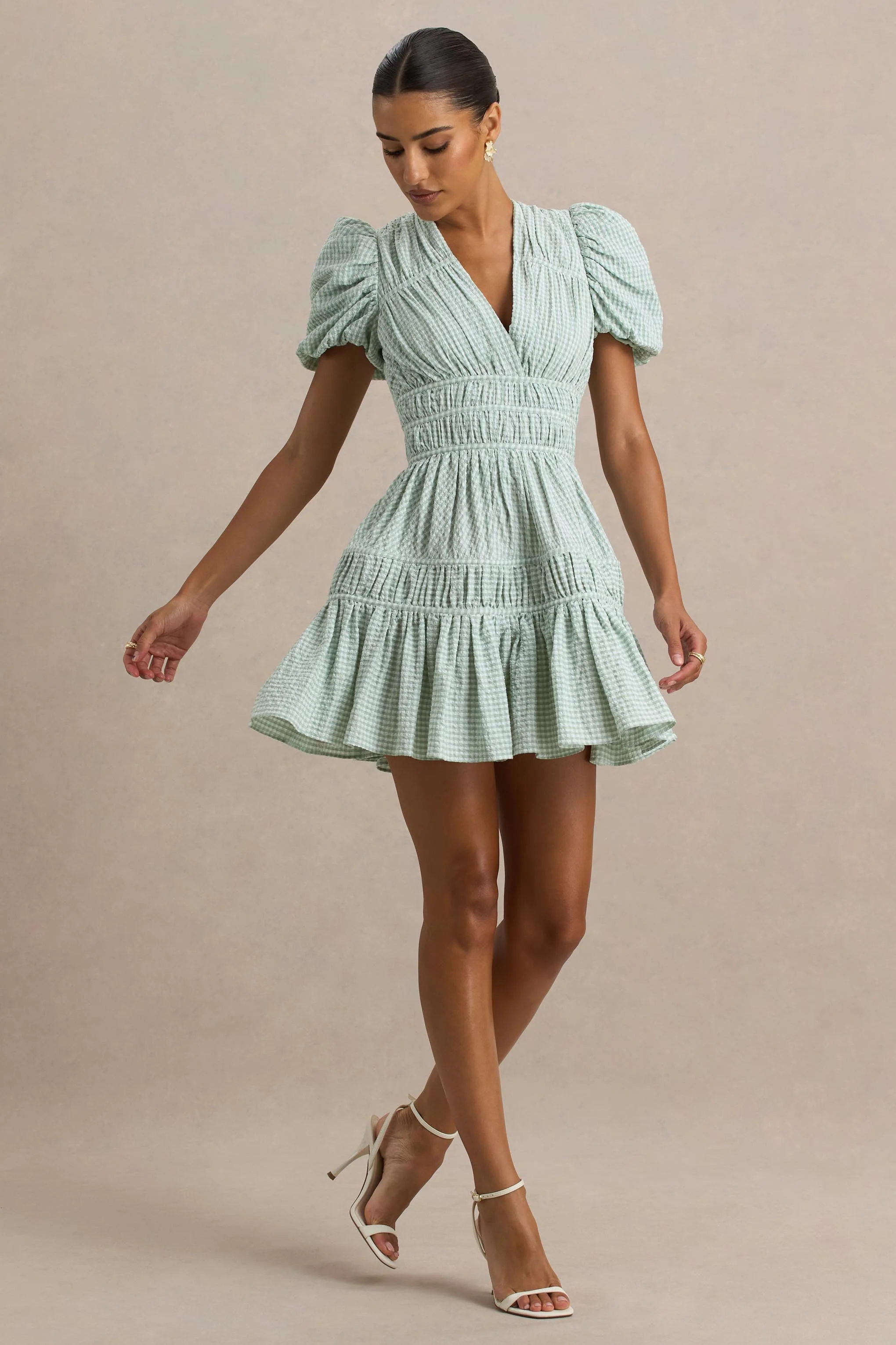 Laurelle | Green Extreme Plunge-Neck Mini Dress With Ruffling Detail