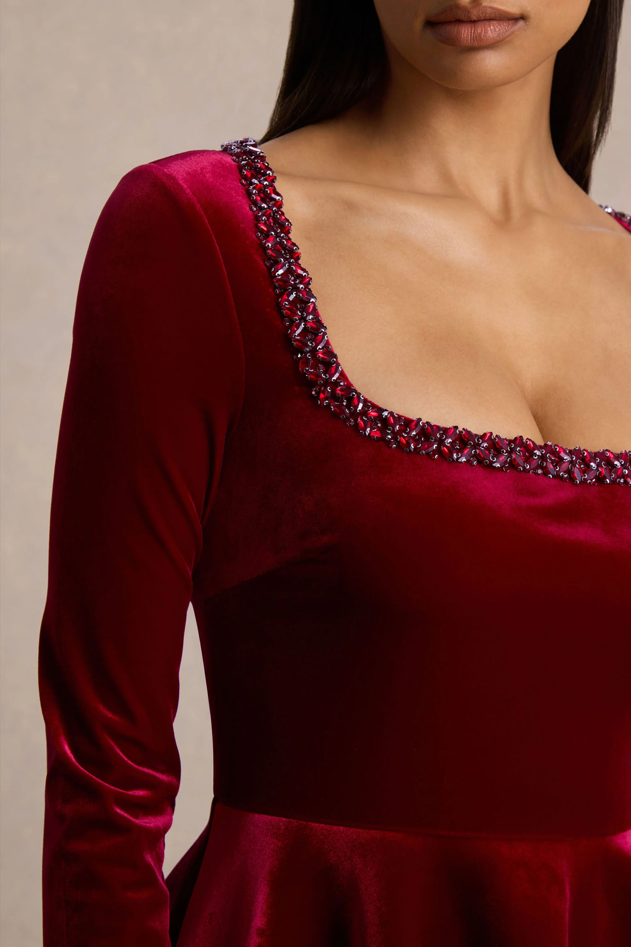 Beloved | Burgundy Velvet Hand-Embellished Square-Neck Mini Dress