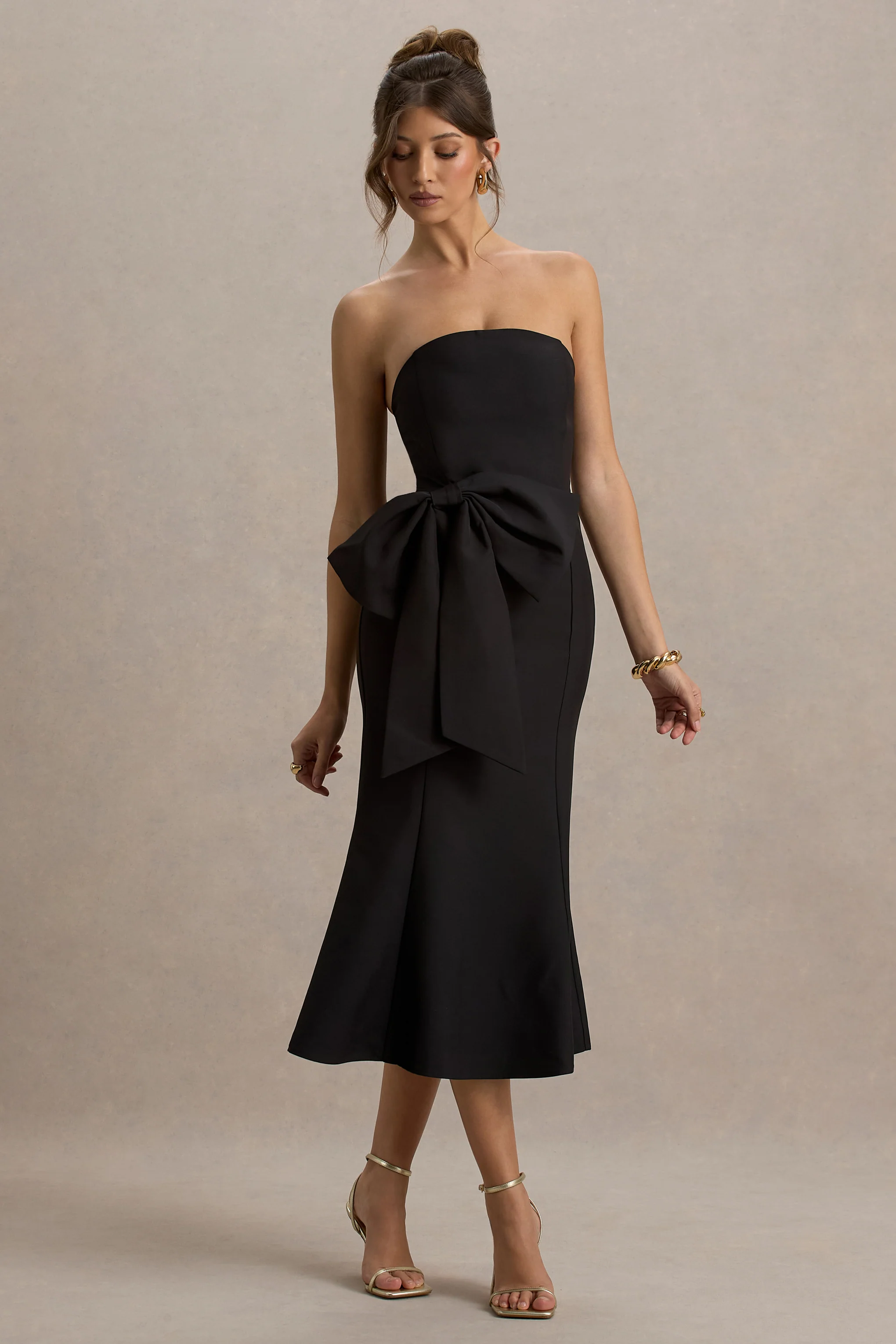 To Me | Black Bandeau Midi Dress With Oversized Bow