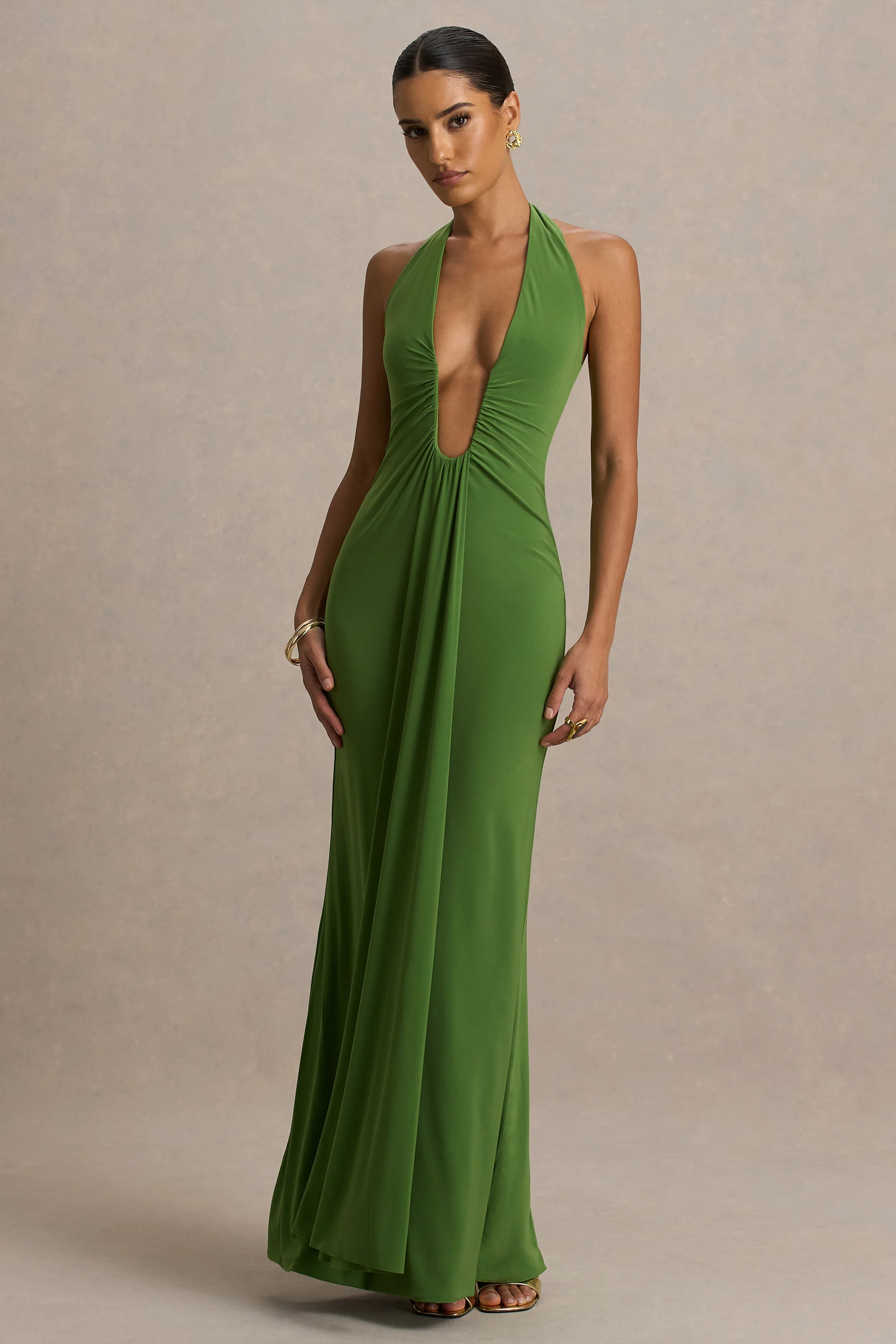 Hera | Green Extreme Plunge Maxi Dress With Ruched Detail