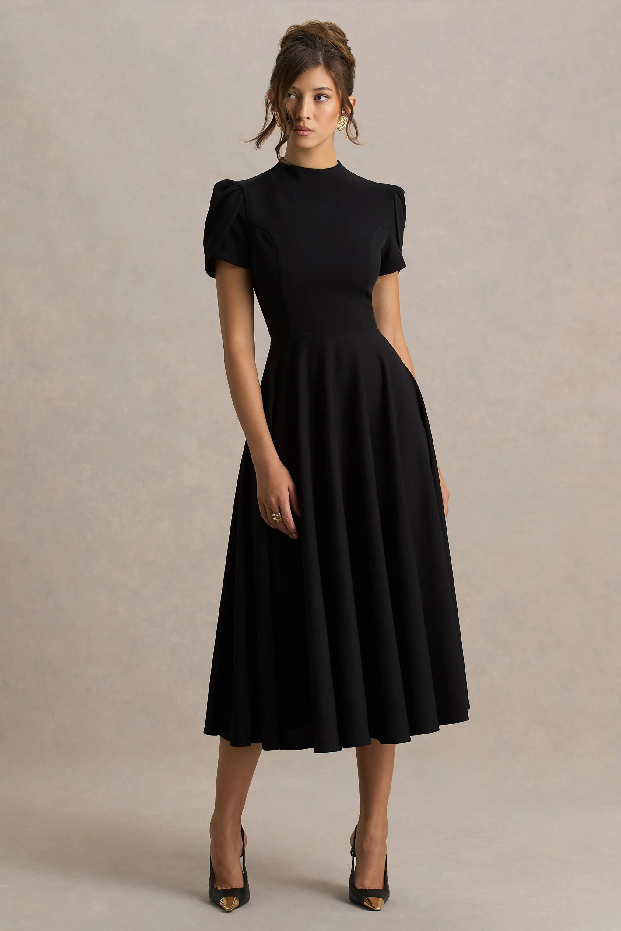Vicky | Black High Neck Midi Dress With Puff Sleeves