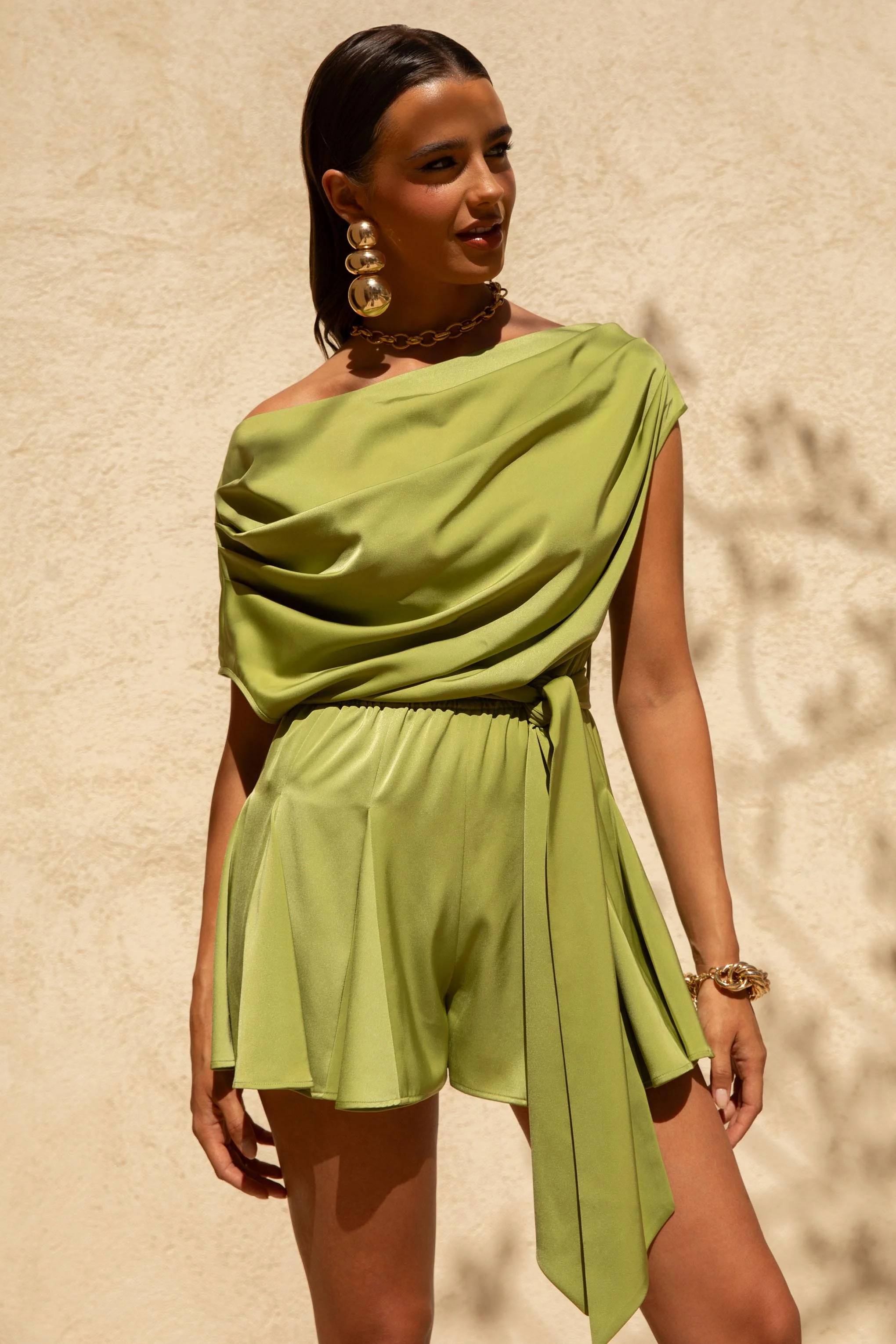 Clydie | Olive Satin Asymmetric Playsuit With Tie-Waist