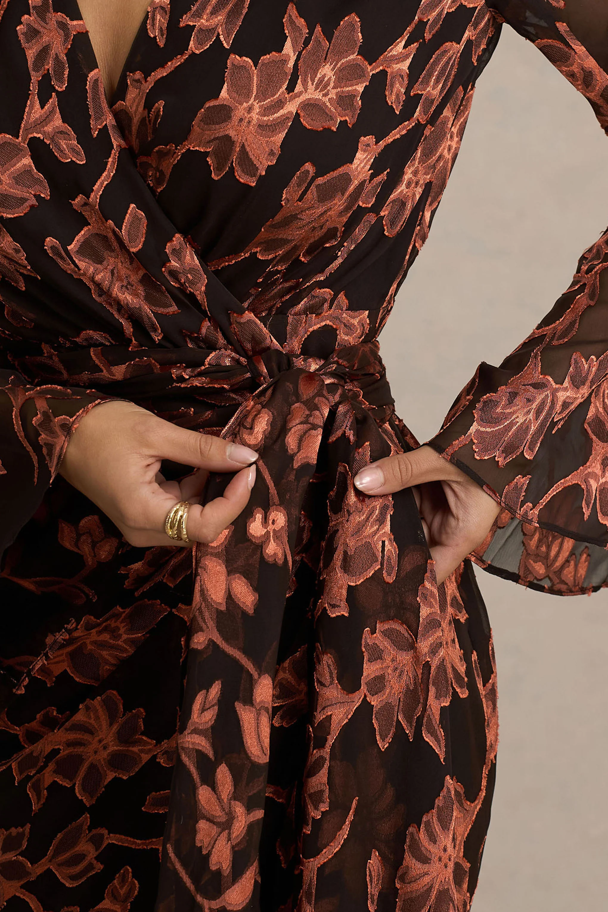 Lindsey | Black And Rust Plunge-Neck Wrap Mini Dress With Bell Sleeves And Sash Detail