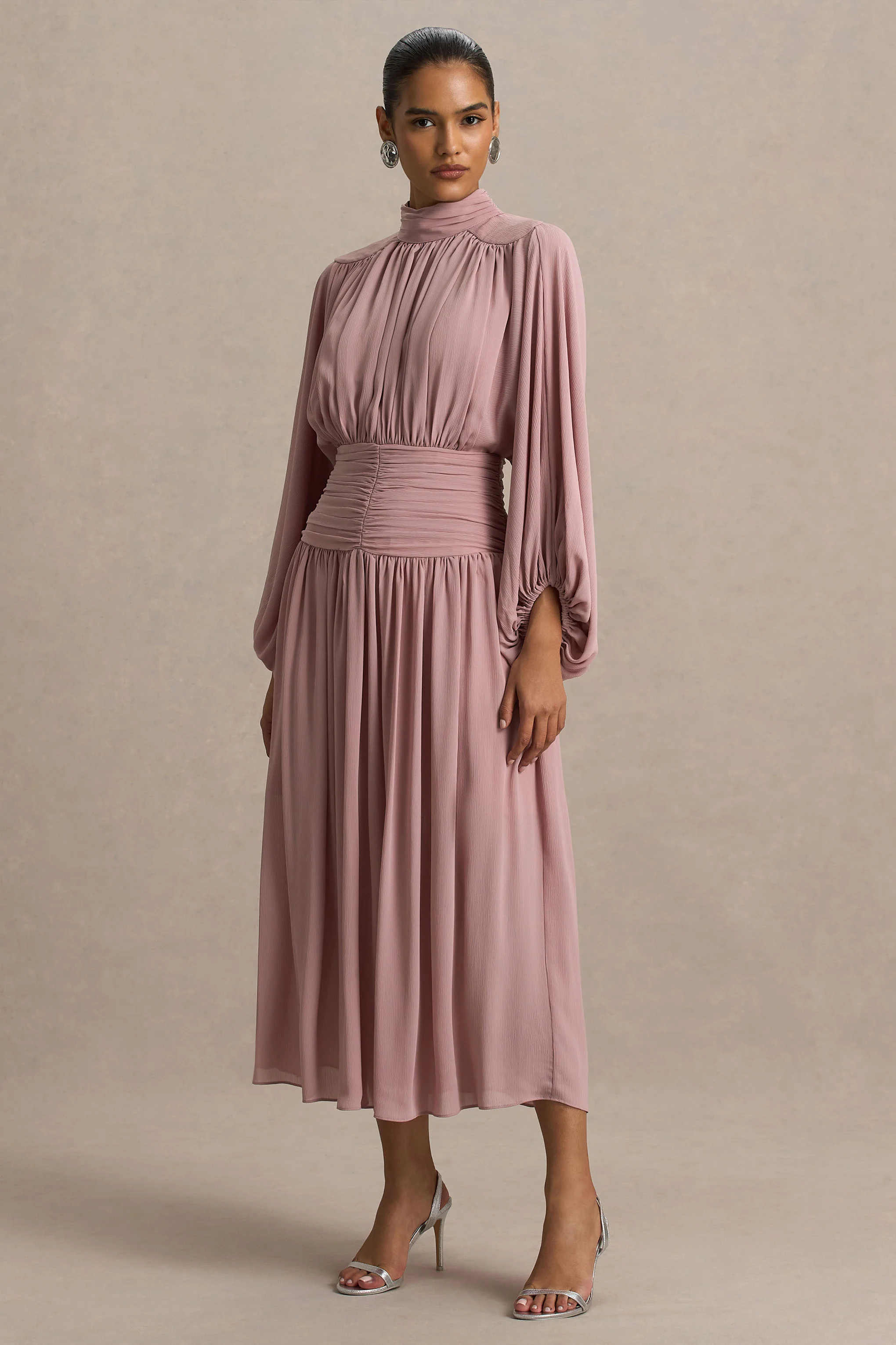 Annabel | Dusty Pink High-Neck Midi Dress With Drop-Waist And Pleated Detailing
