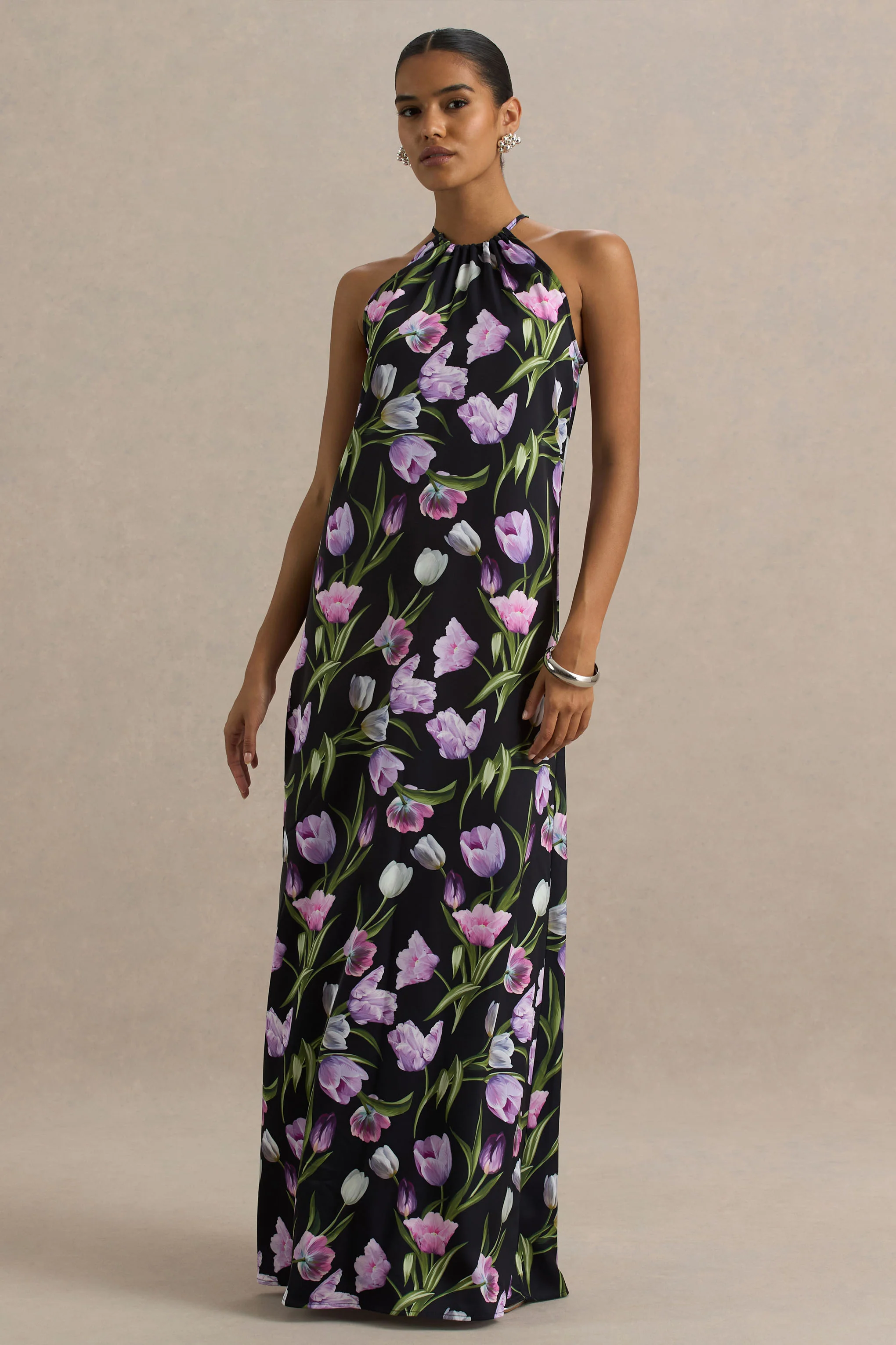 Svana | Black Satin Floral Asymmetric Halter-Neck Maxi Dress
