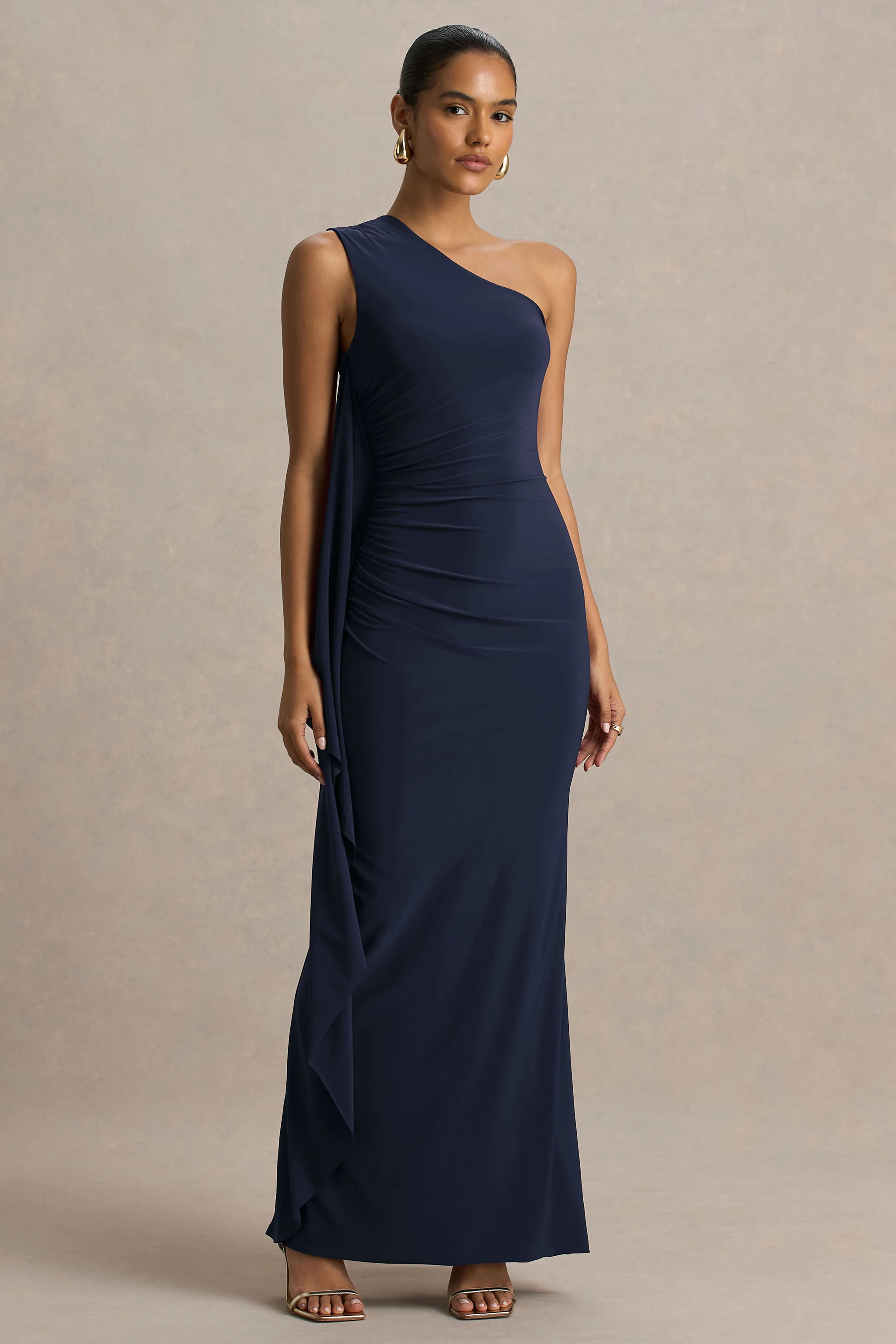 Adelina | Navy One-Shoulder Maxi Dress With Drape