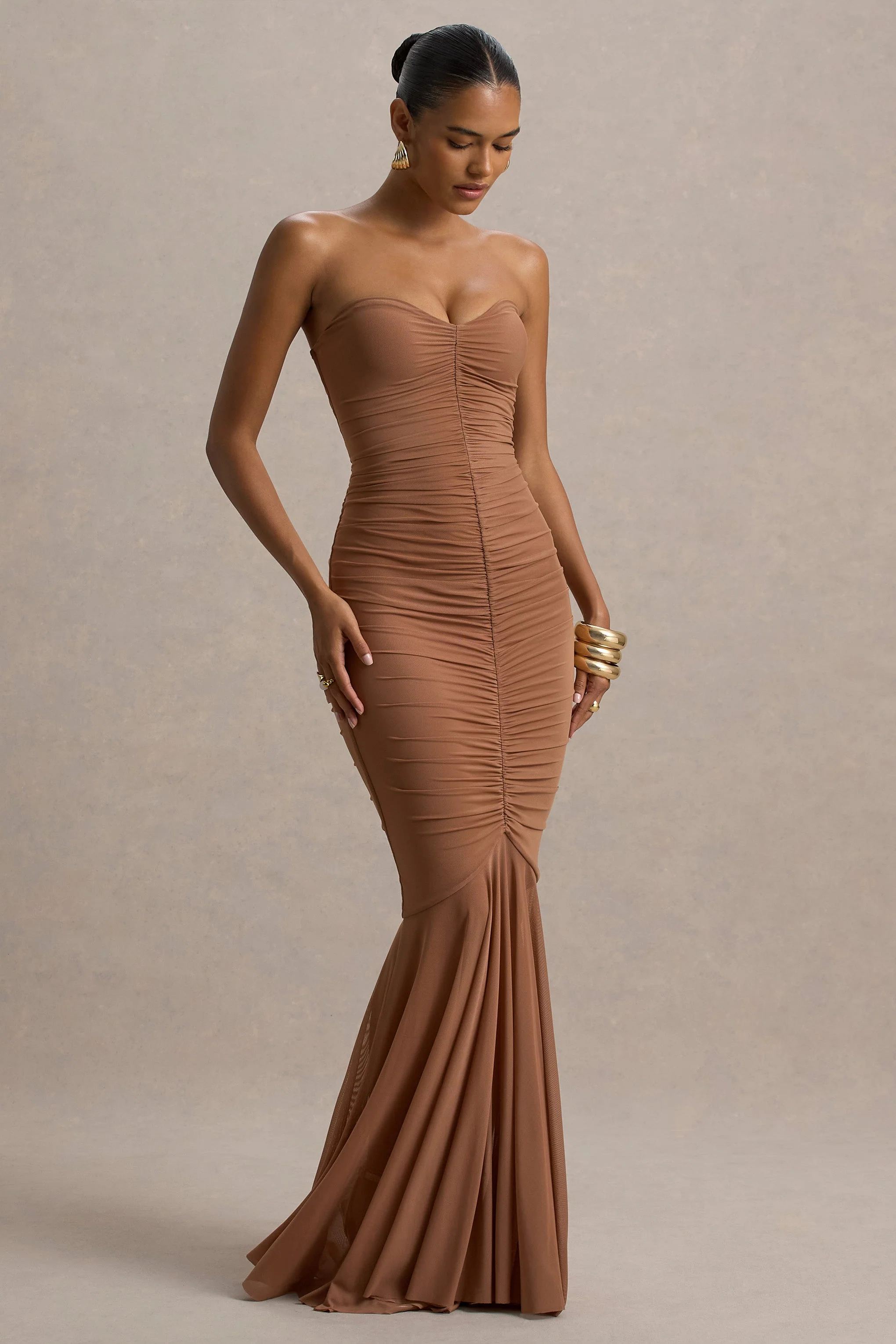 Talisa | Mocha Ruched Fishtail Maxi Dress With Mesh Hem