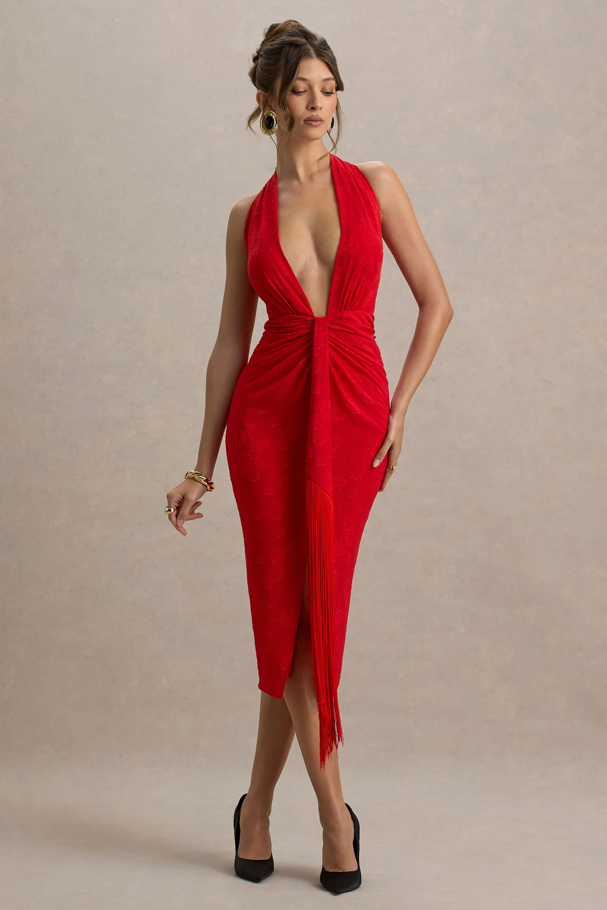 Auria | Red Satin Devore Plunge-Neck Midi Dress With Fringe Details