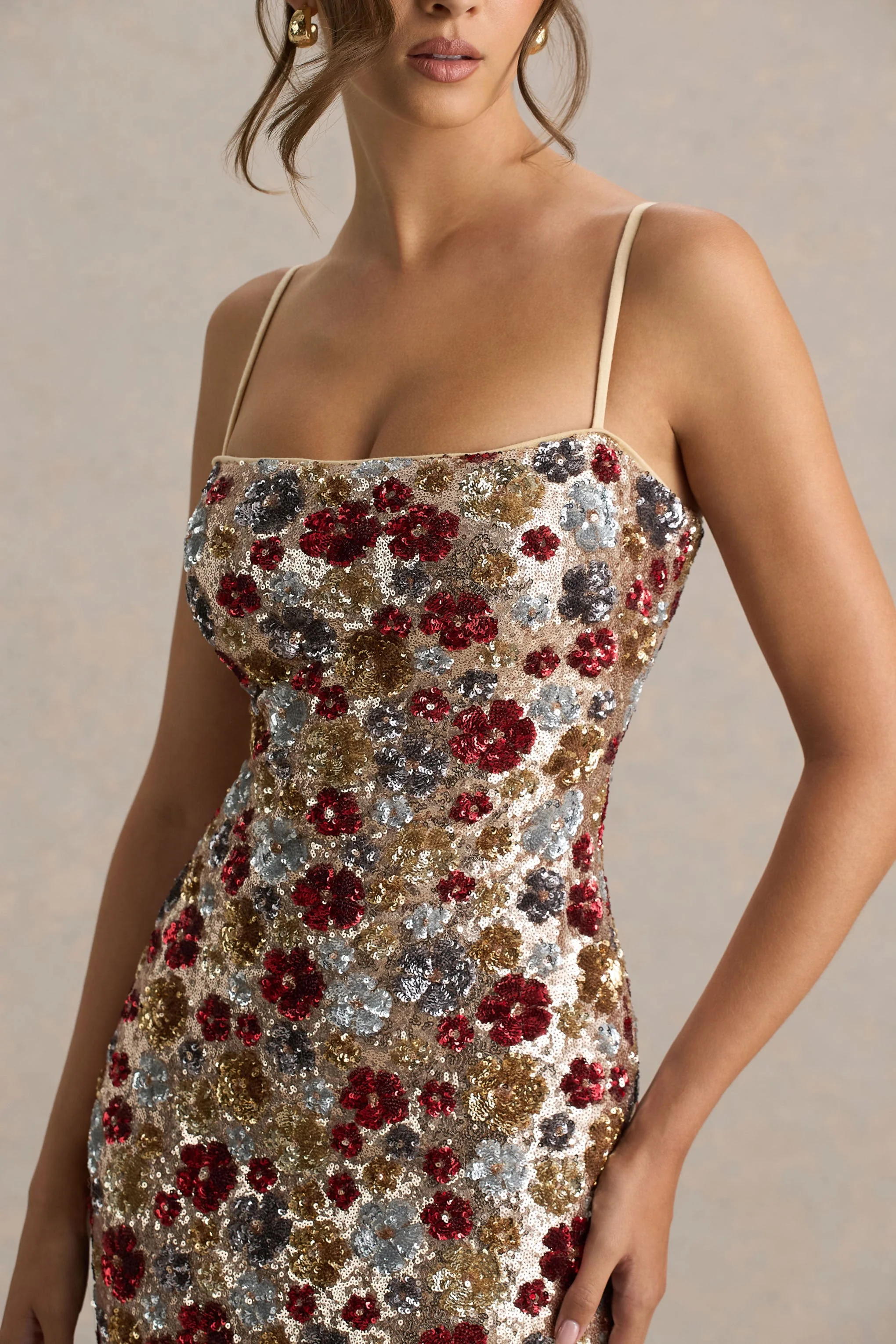 Vitora | Red Floral Sequin Square-Neck Maxi Dress