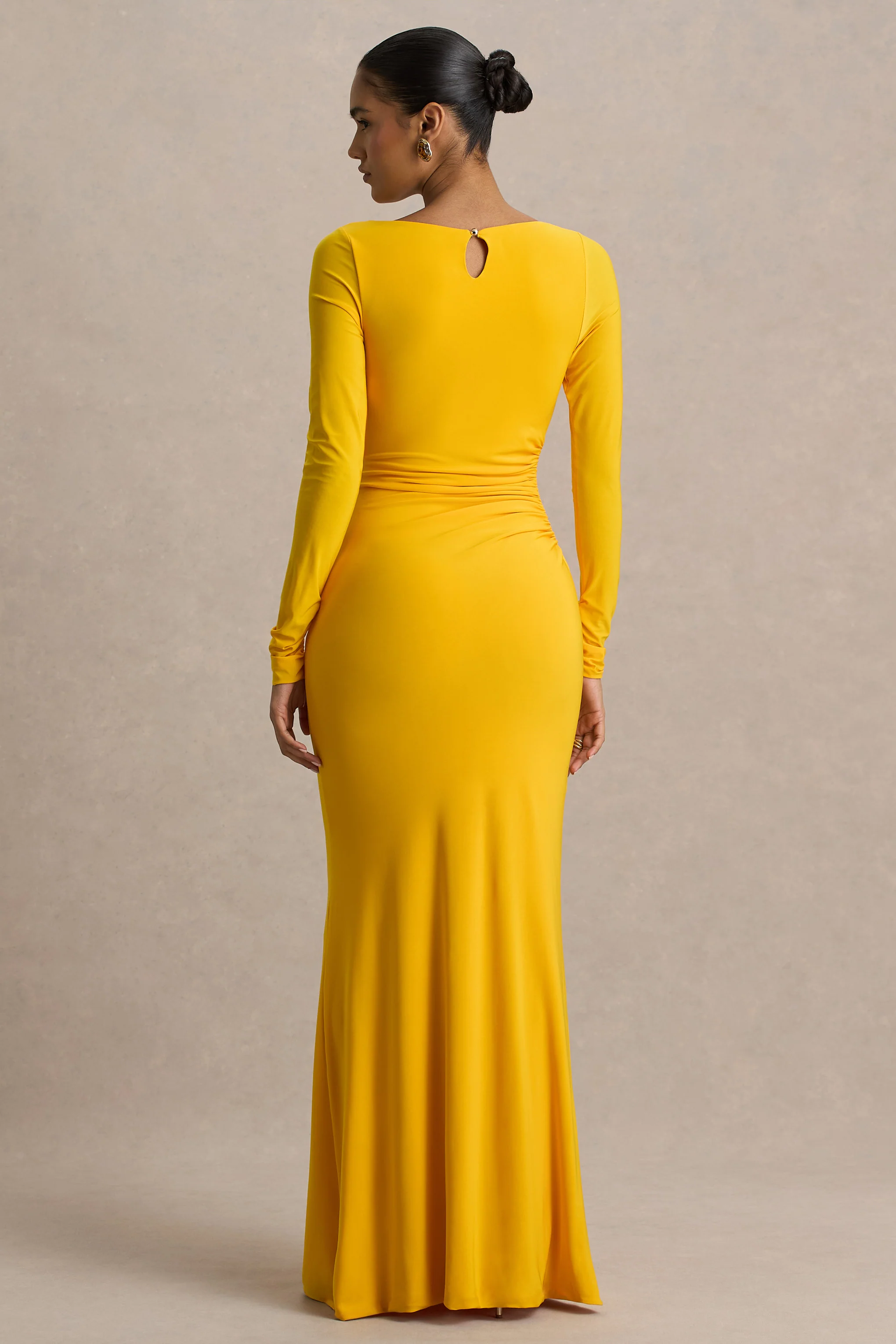Diva | Yellow Slashed-Neck Maxi Dress With Ruched Detailing