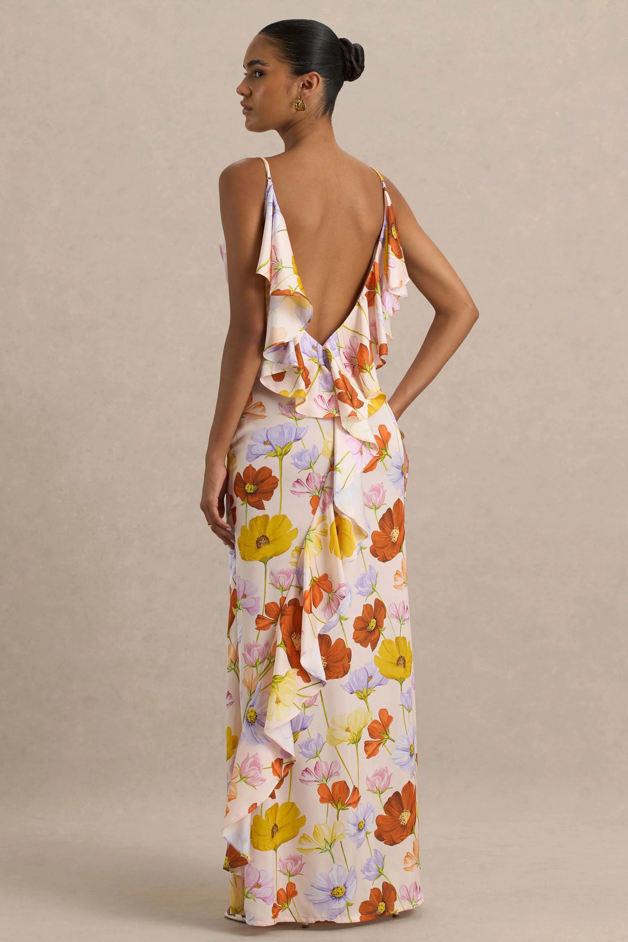 Thames | Bright Floral Print Satin Cowl-Neck Maxi Dress
