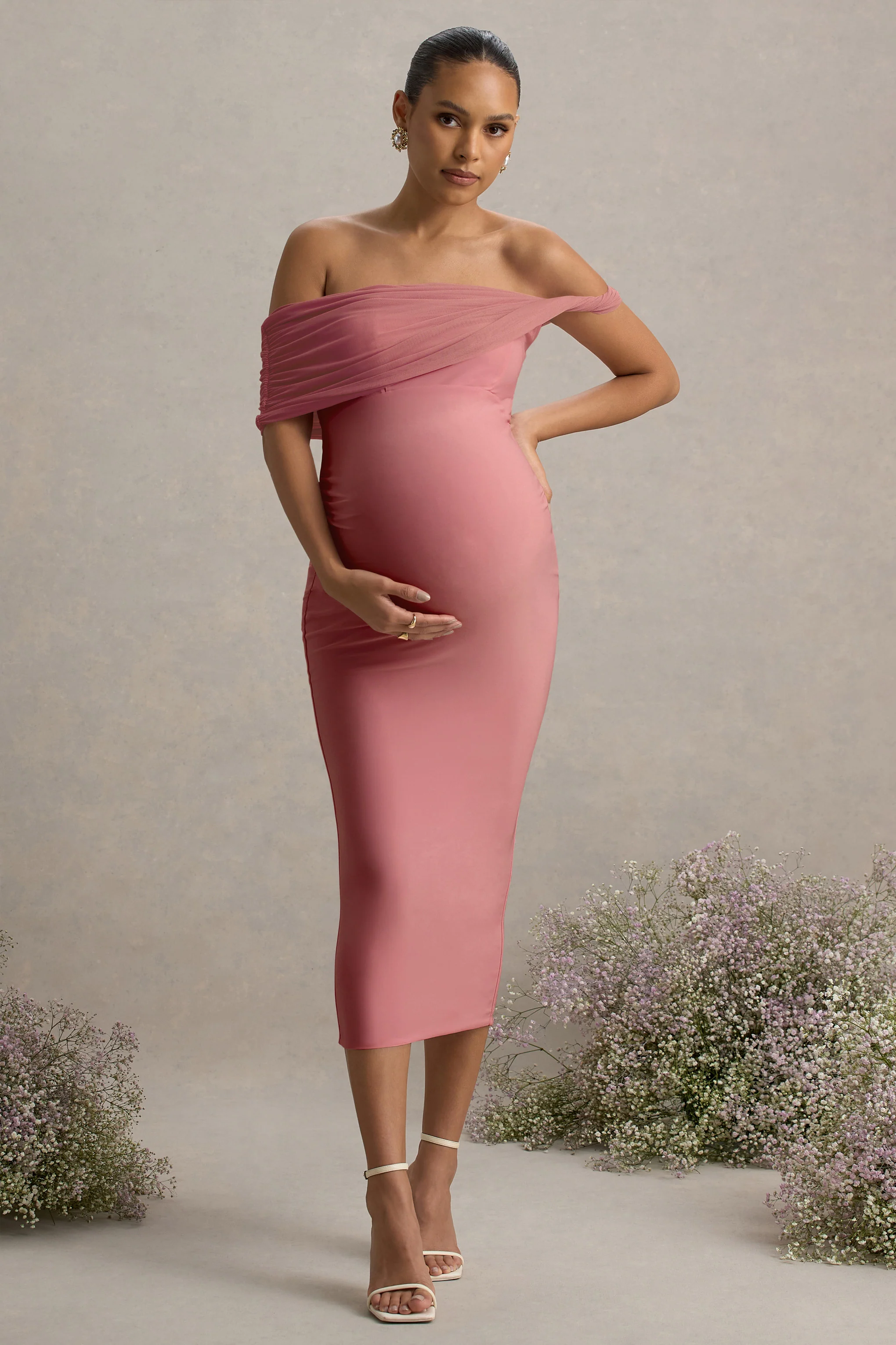 Jen | Pink Bardot Twisted Maternity Midi Dress