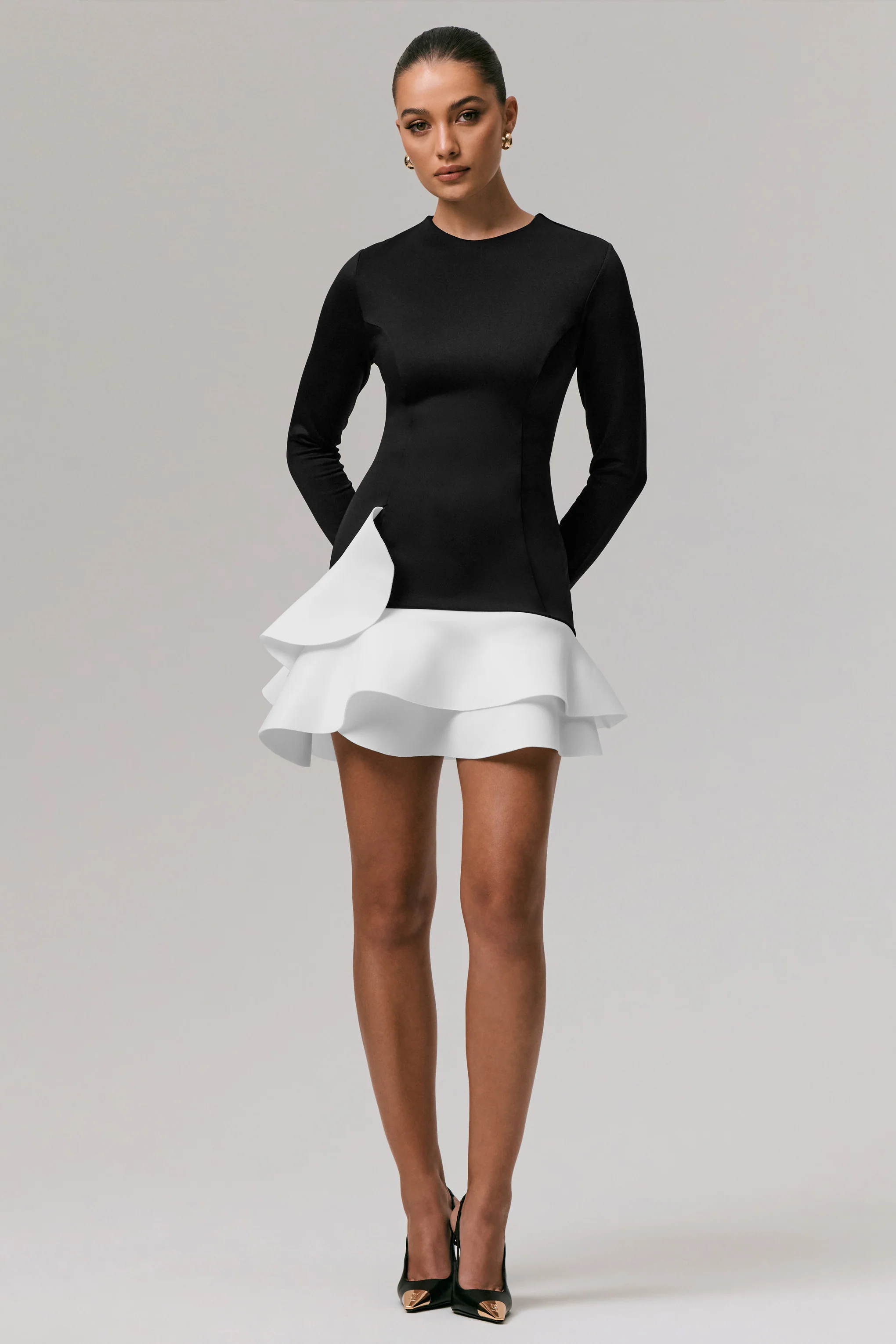 Lucinda | Black & White Long-Sleeve Mini Dress With Ruffle Hem