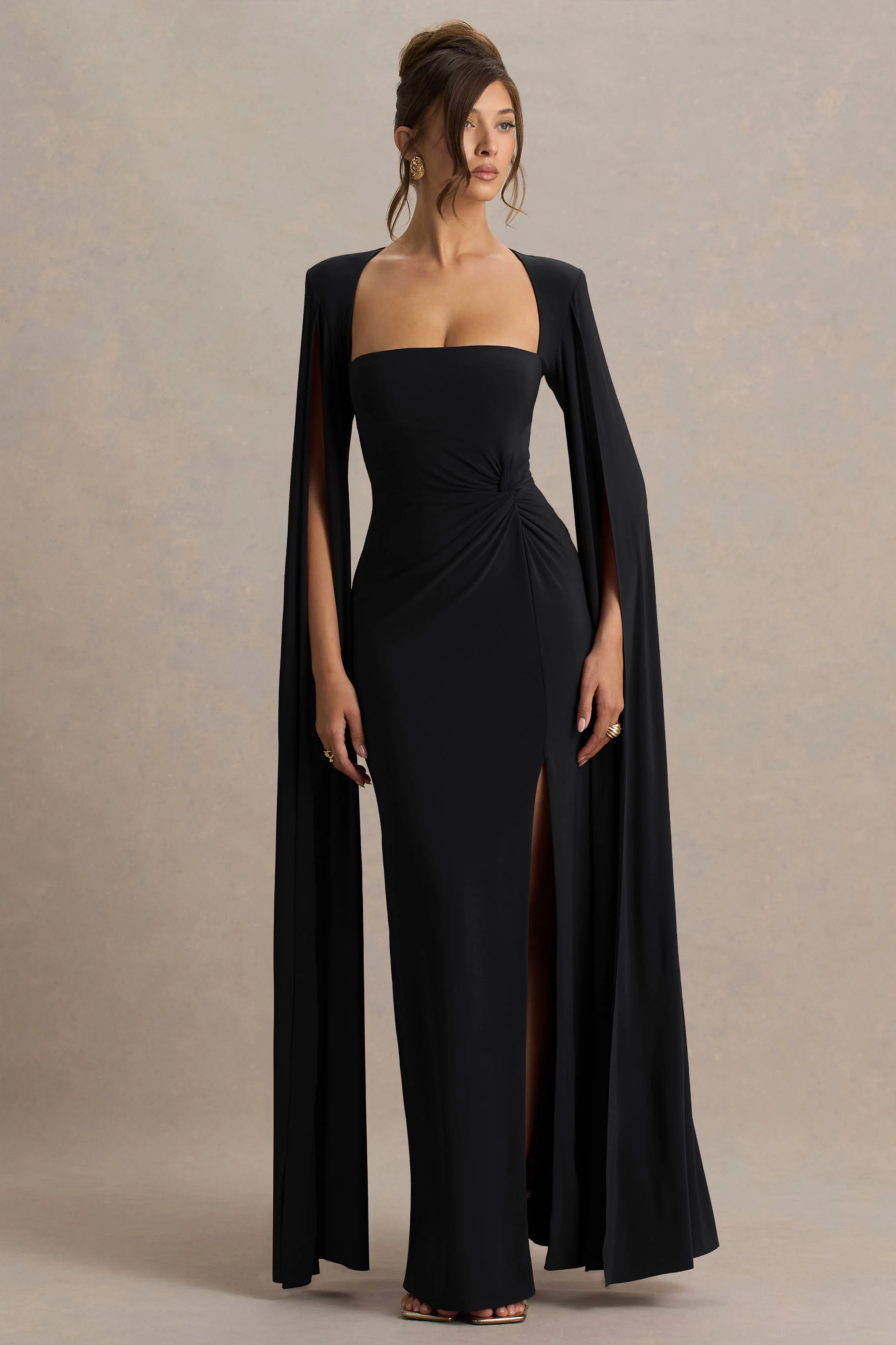 Claretta | Black Square Neck Twisted Maxi Dress With Cape Sleeves