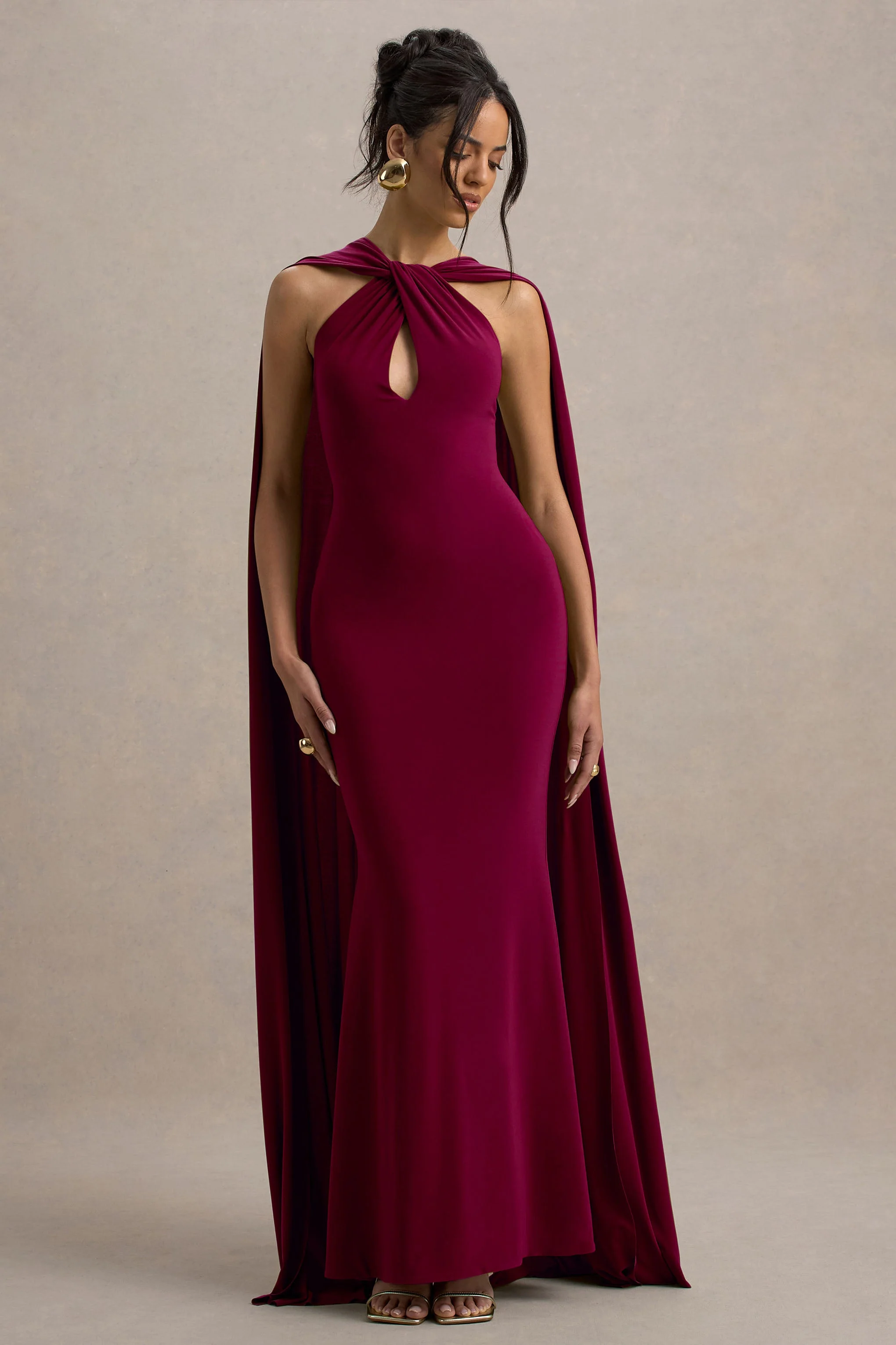 Rhoda | Burgundy Twist Halter-Neck Cape Maxi Dress
