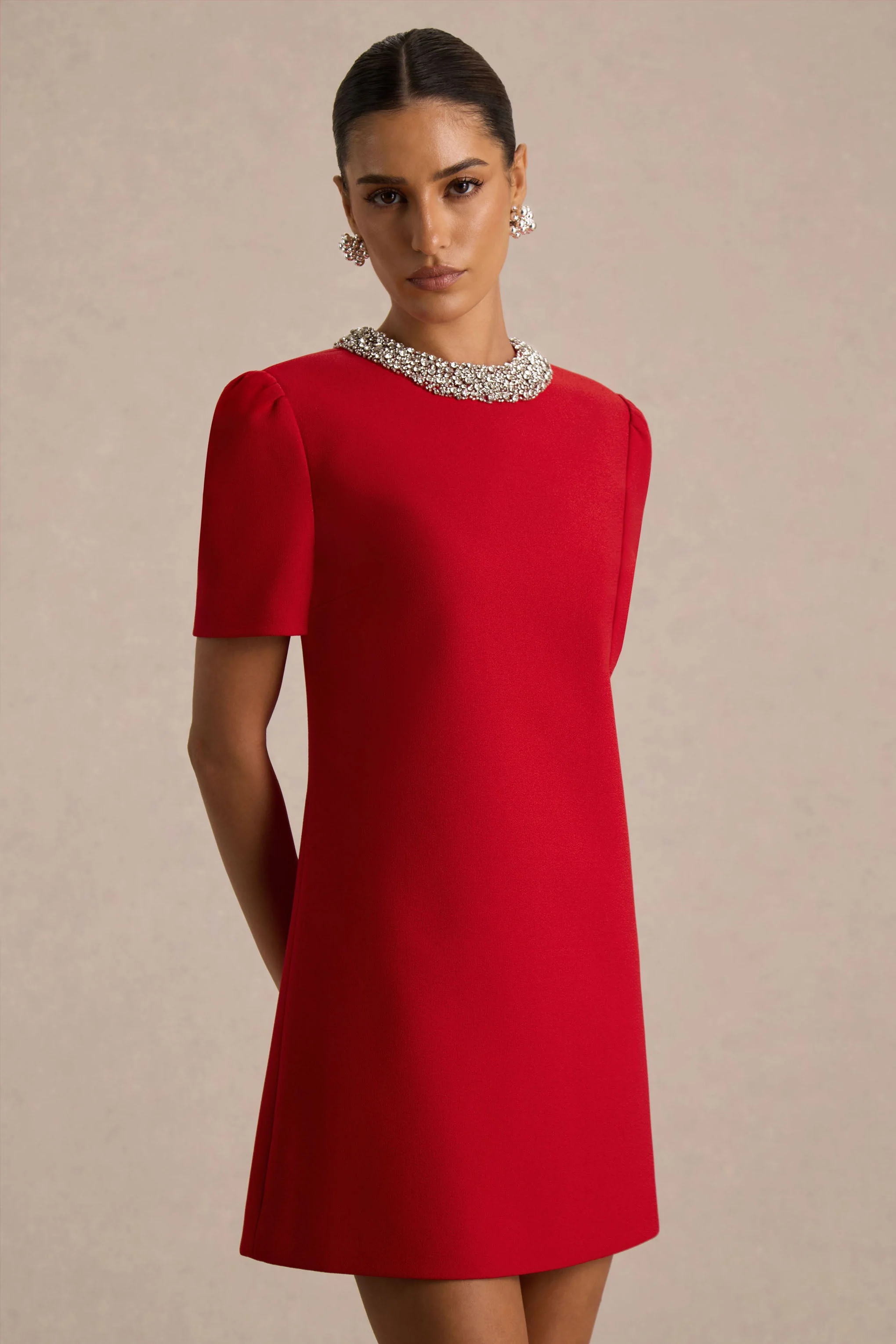Jackie | Red Embellished High-Neck Mini Dress