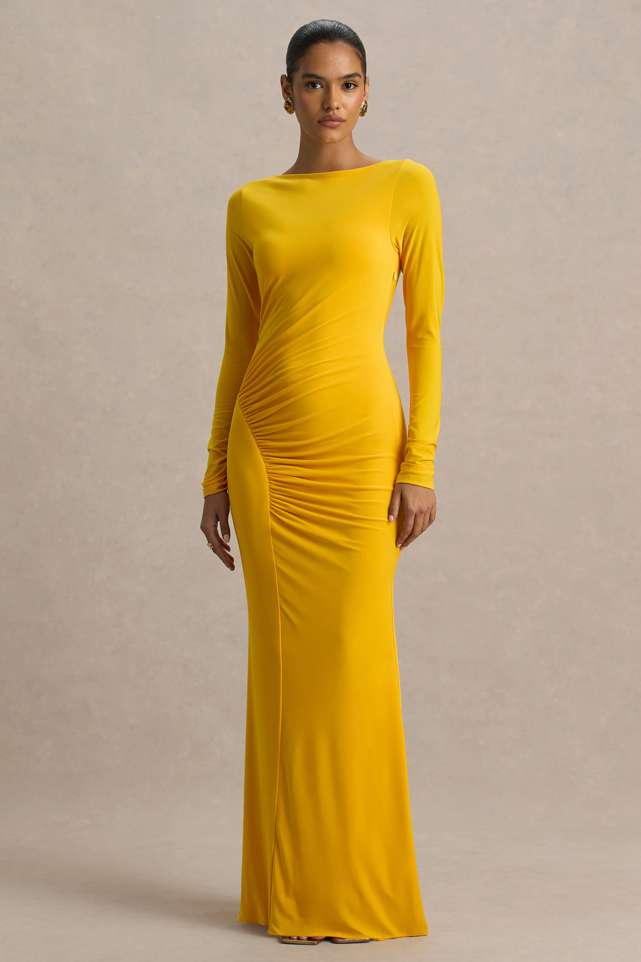 Diva | Yellow Slashed-Neck Maxi Dress With Ruched Detailing