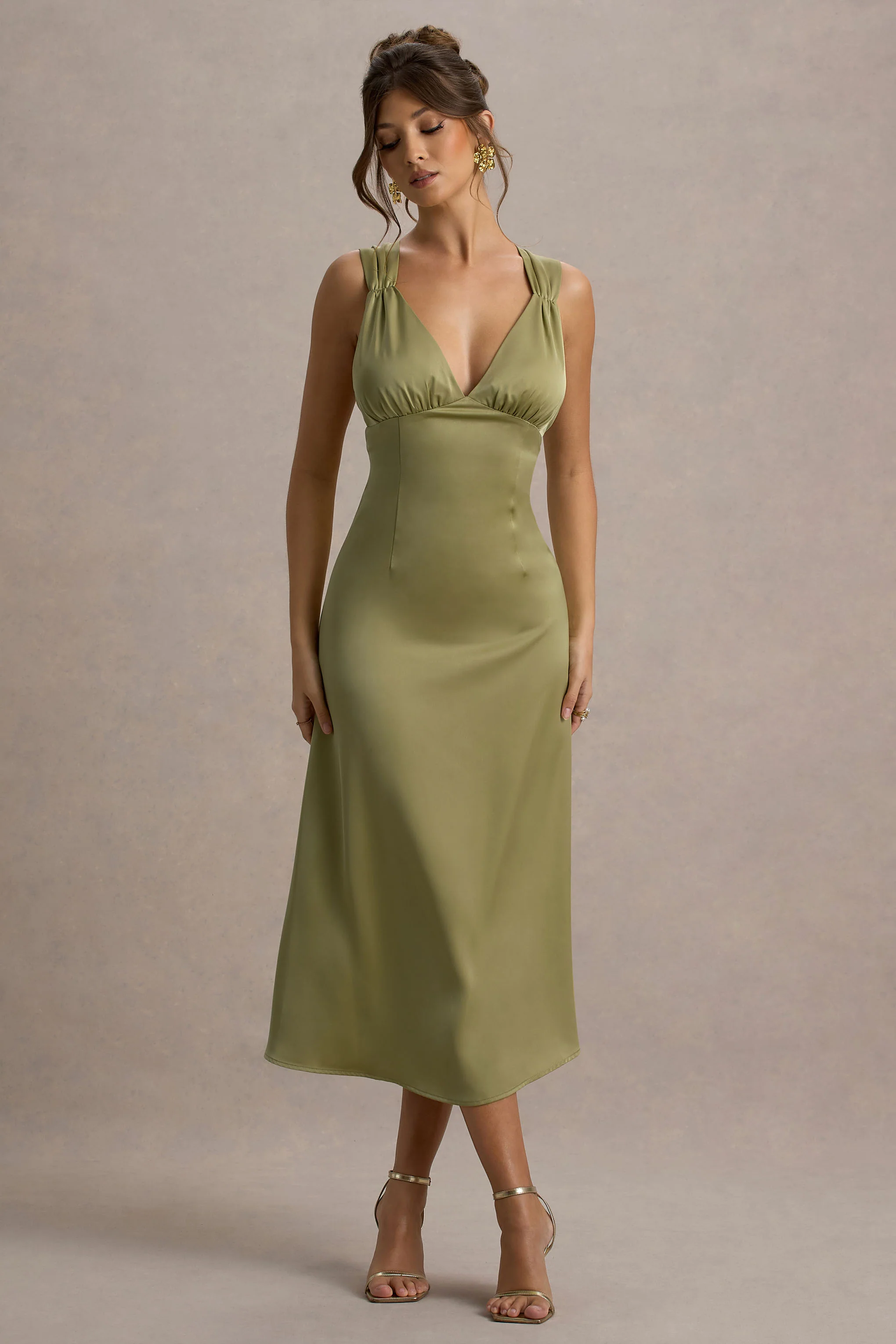 Beck | Light Green Satin Plunge-Neck Cross-Back Midi Dress