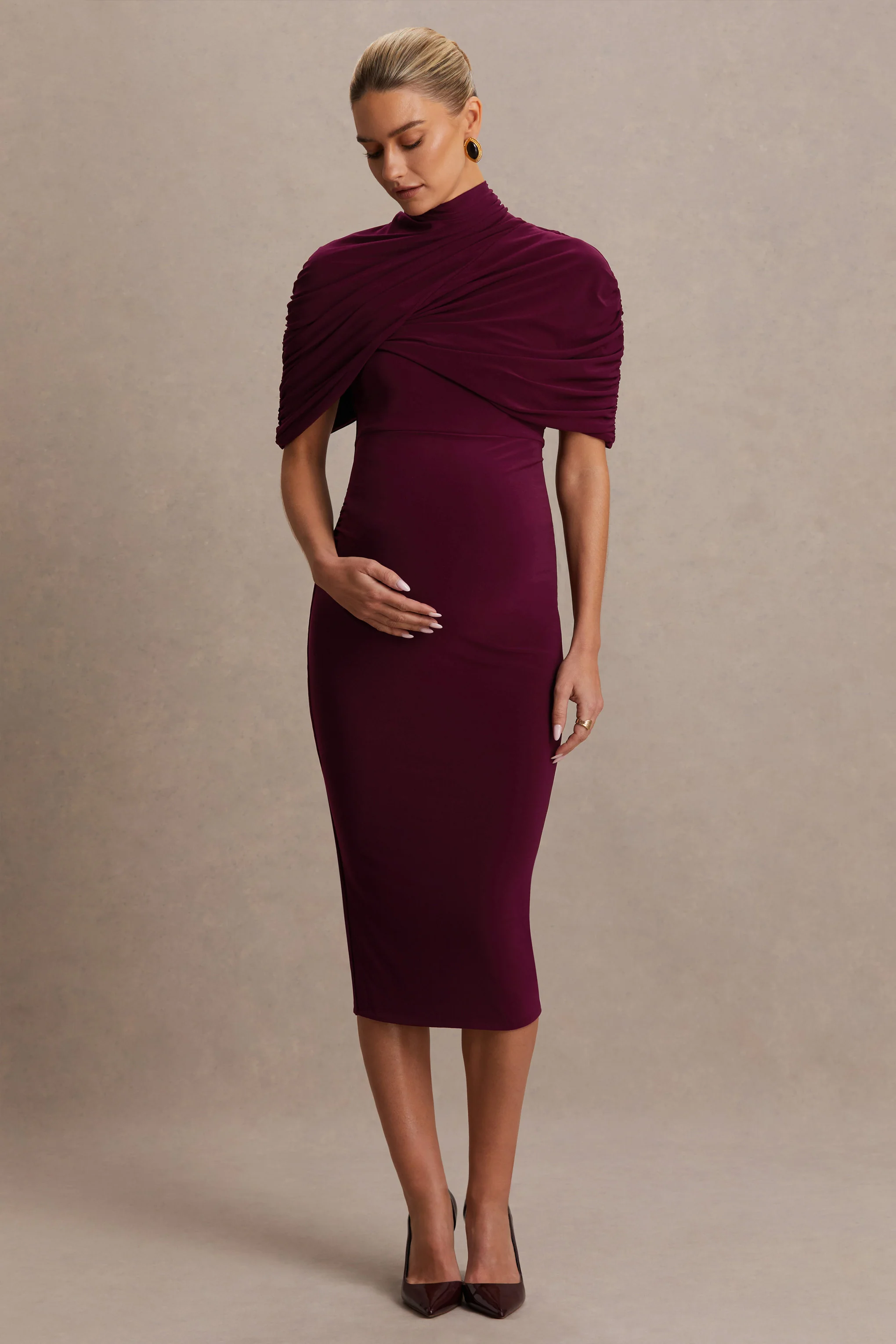 Augustina | Burgundy Maternity Midi Dress With Cape