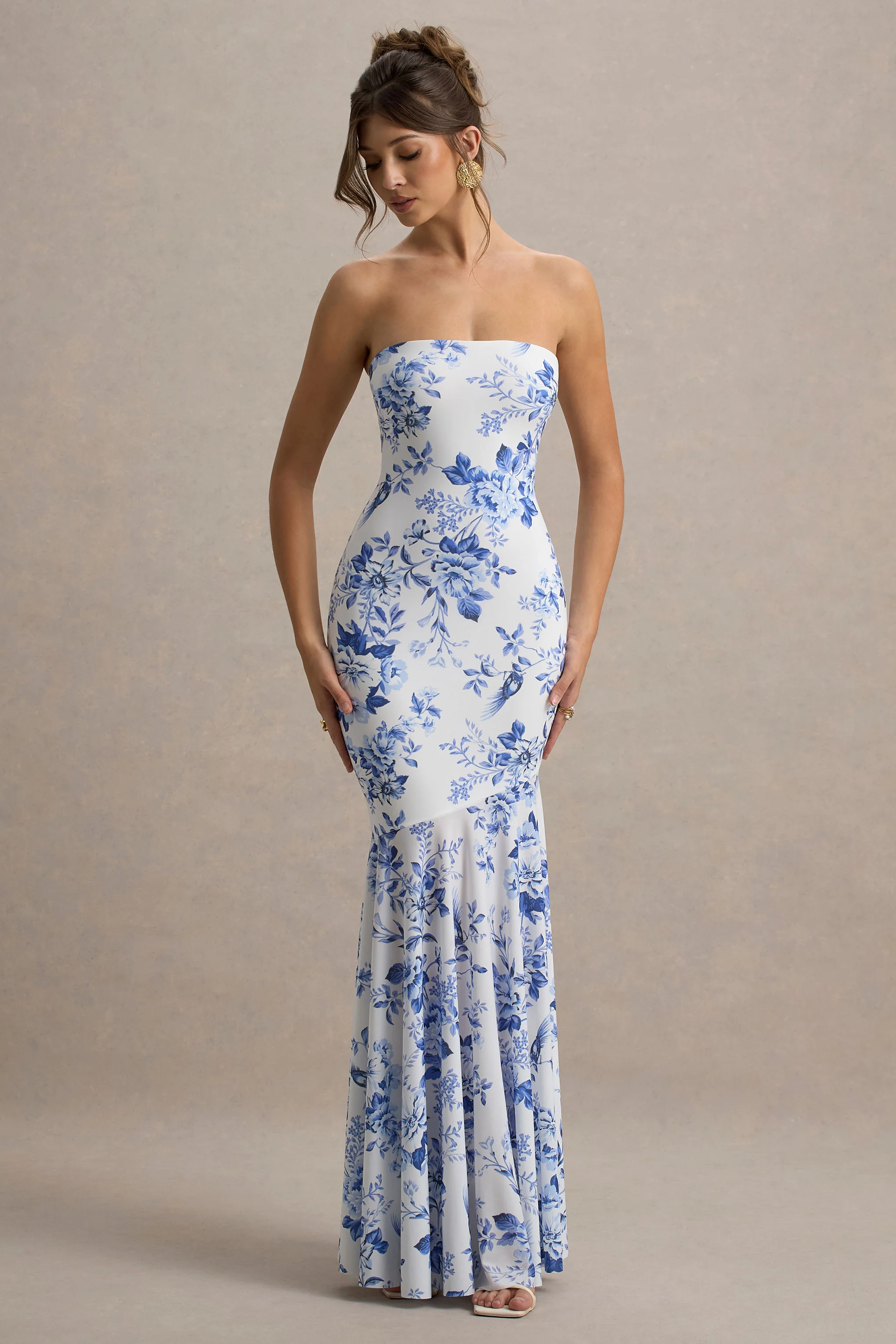 Callie | Blue Porcelain Print Bandeau Fishtail Maxi Dress