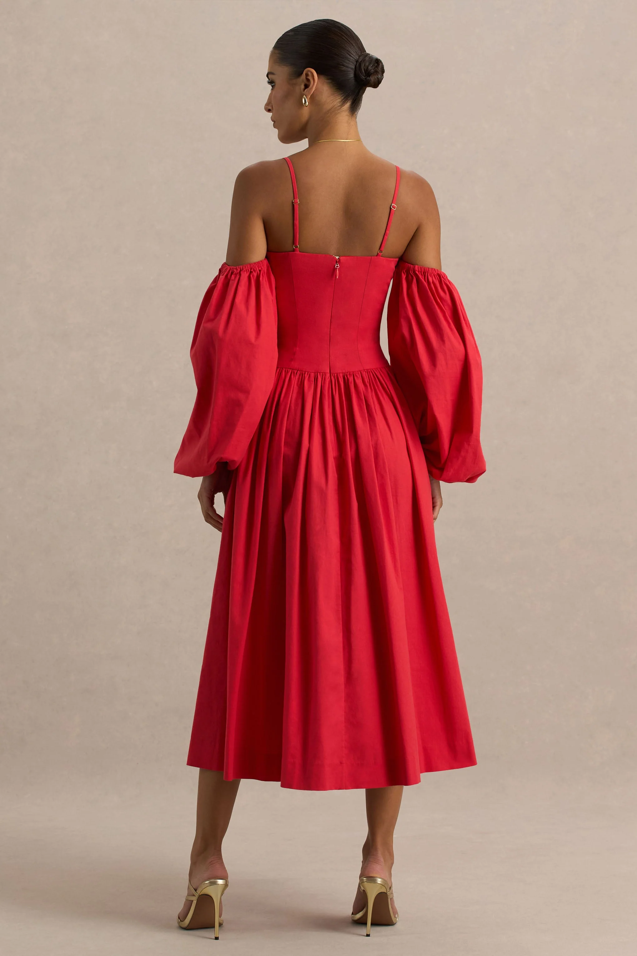 Macie | Red Sweetheart Midi Dress With Balloon Sleeves