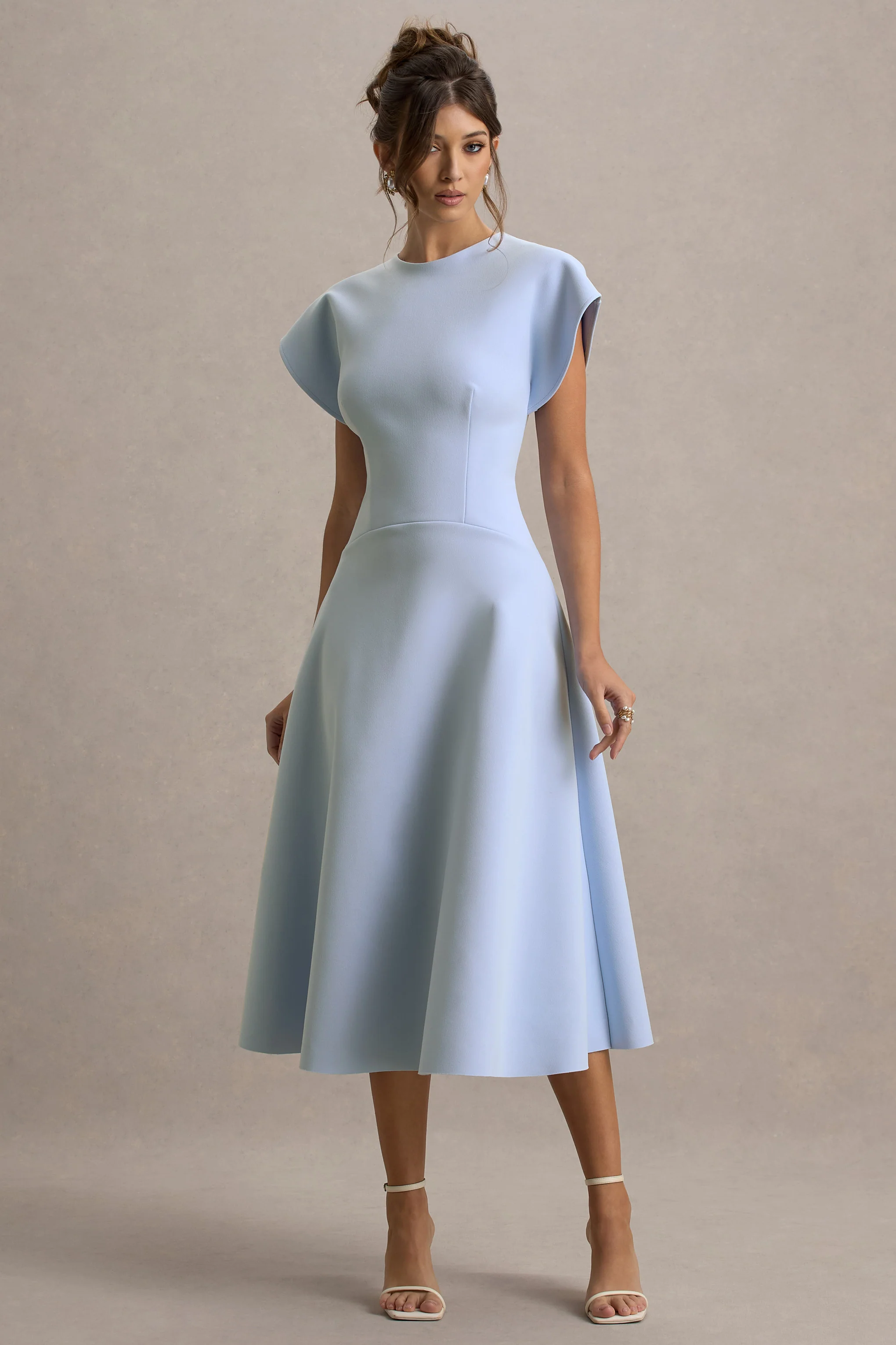 Linda | Powder Blue Crew-Neck Cap-Sleeve Midi Dress