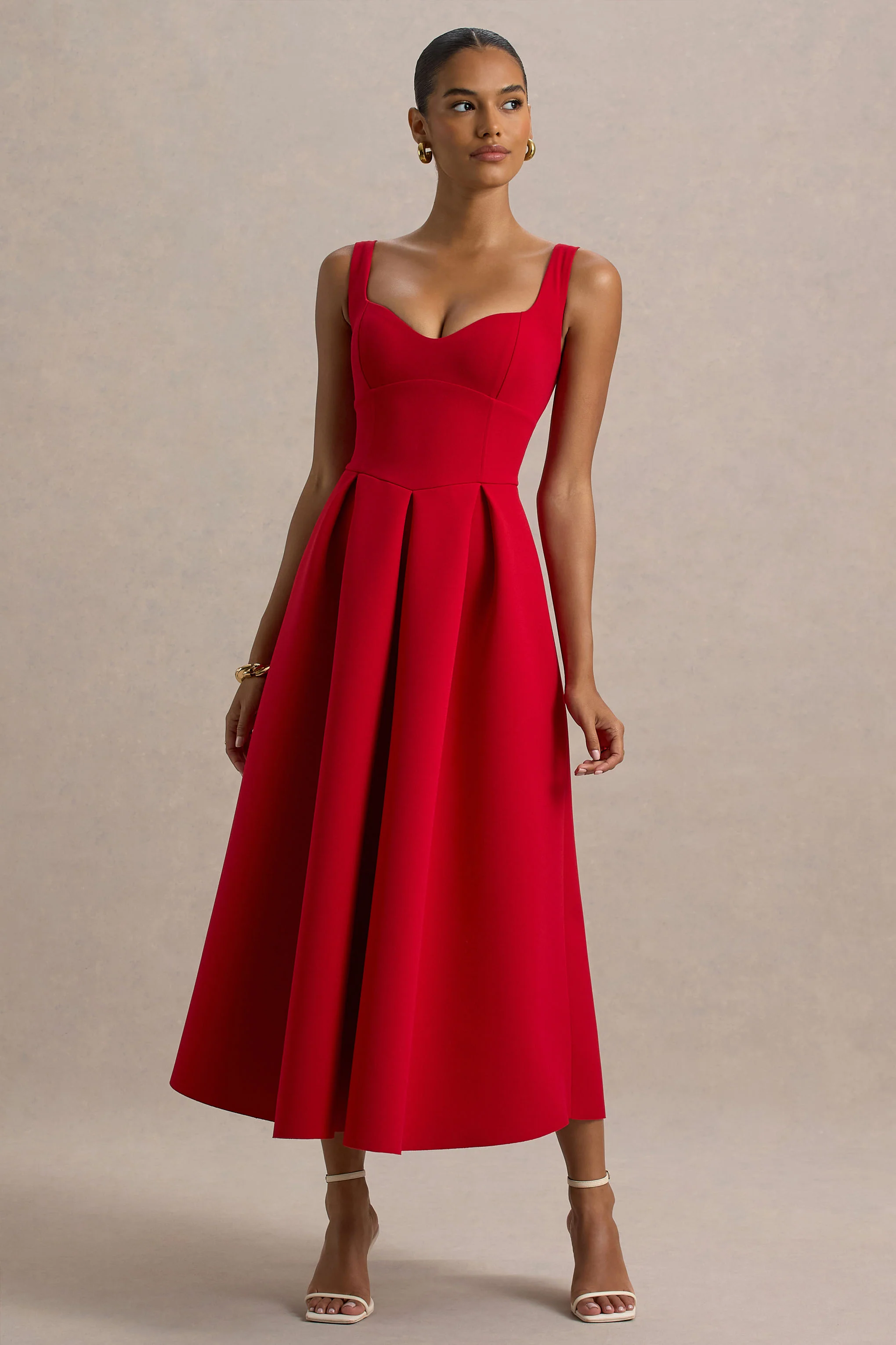 Rosemary | Red Sweetheart-Neck Midi Dress