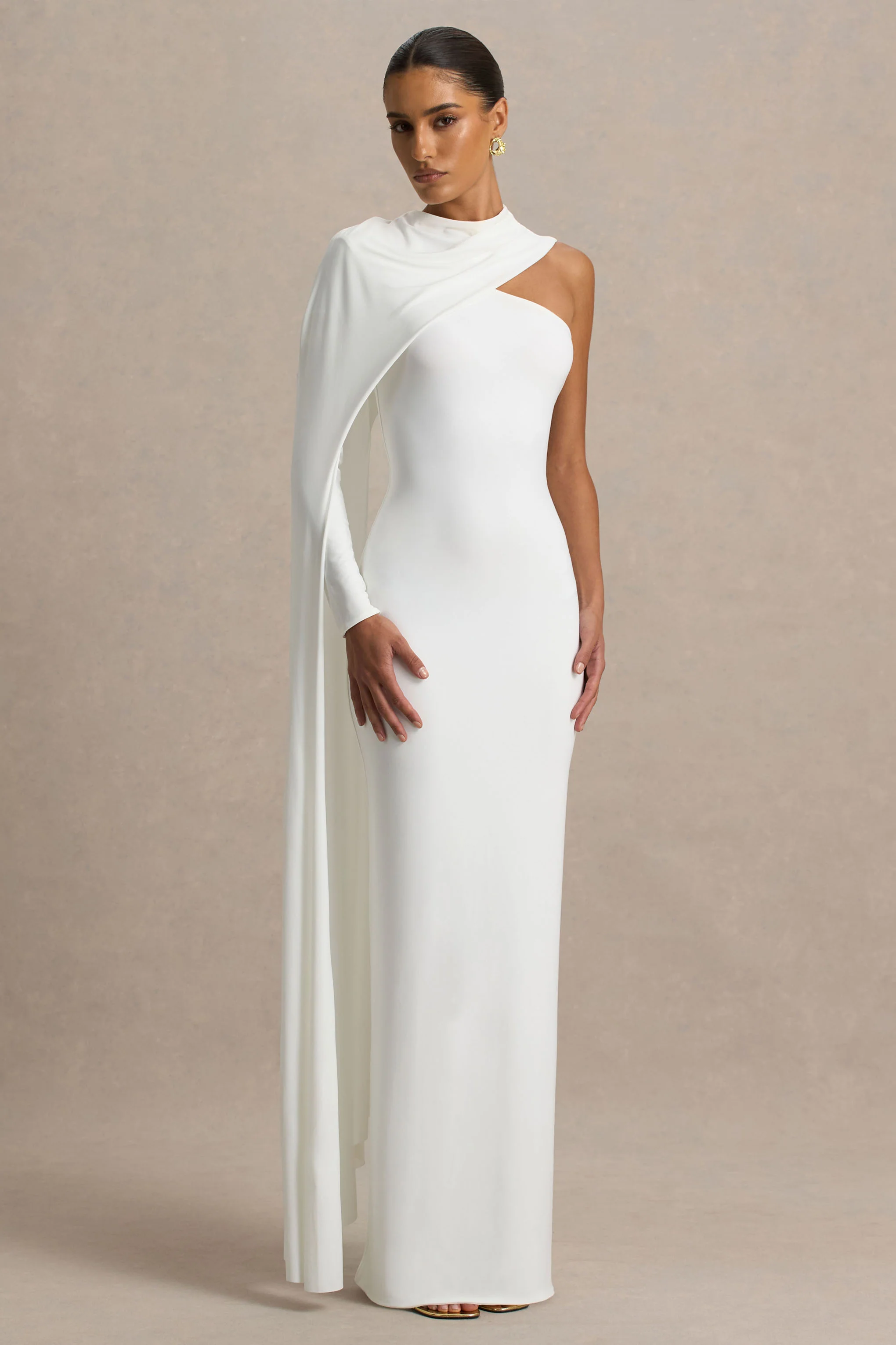 Dawn | Cream High-Neck Maxi Dress With One Long-Sleeve And Cape