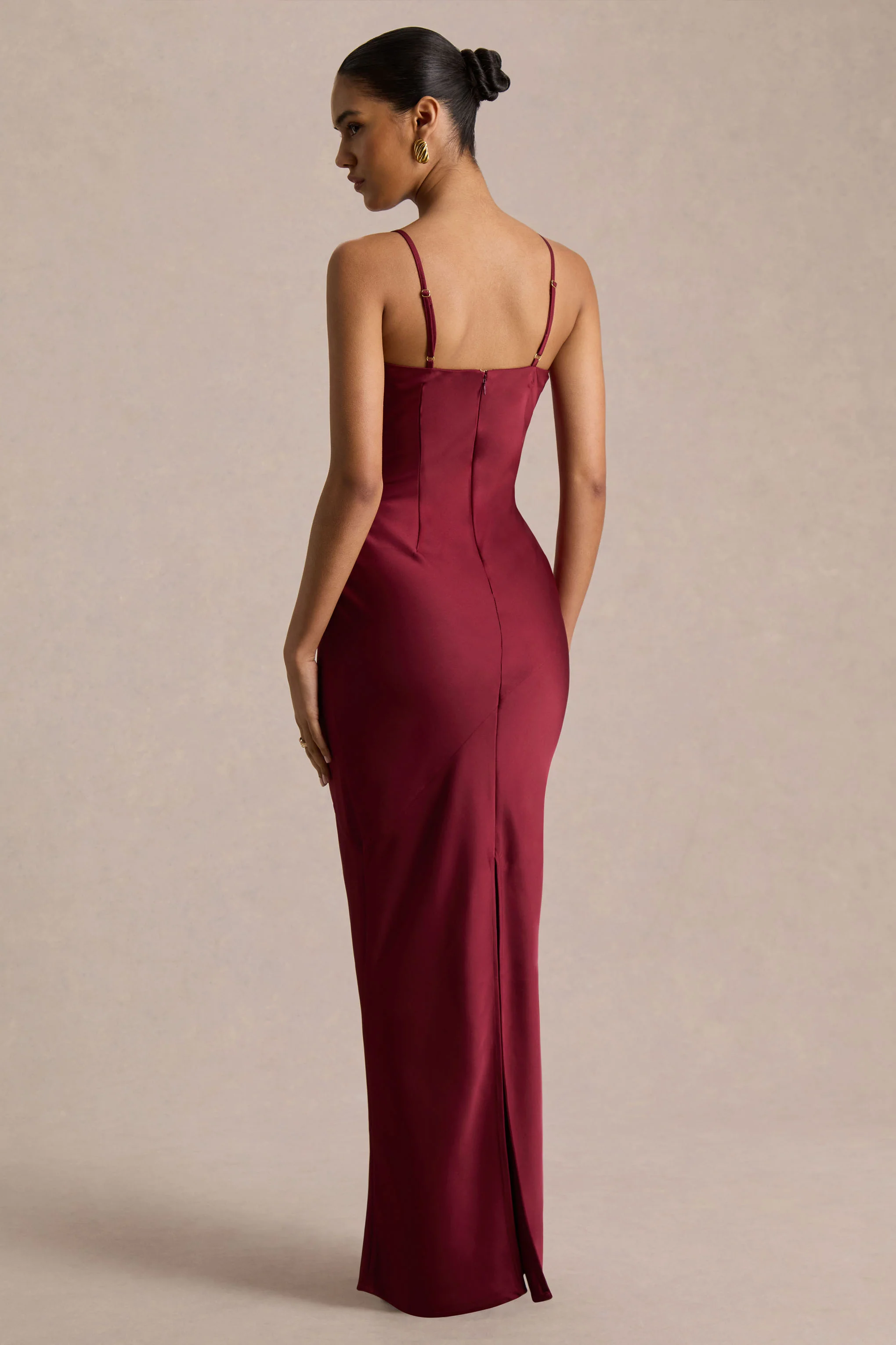 Yoli | Burgundy Satin Maxi Dress With Twist-Cape